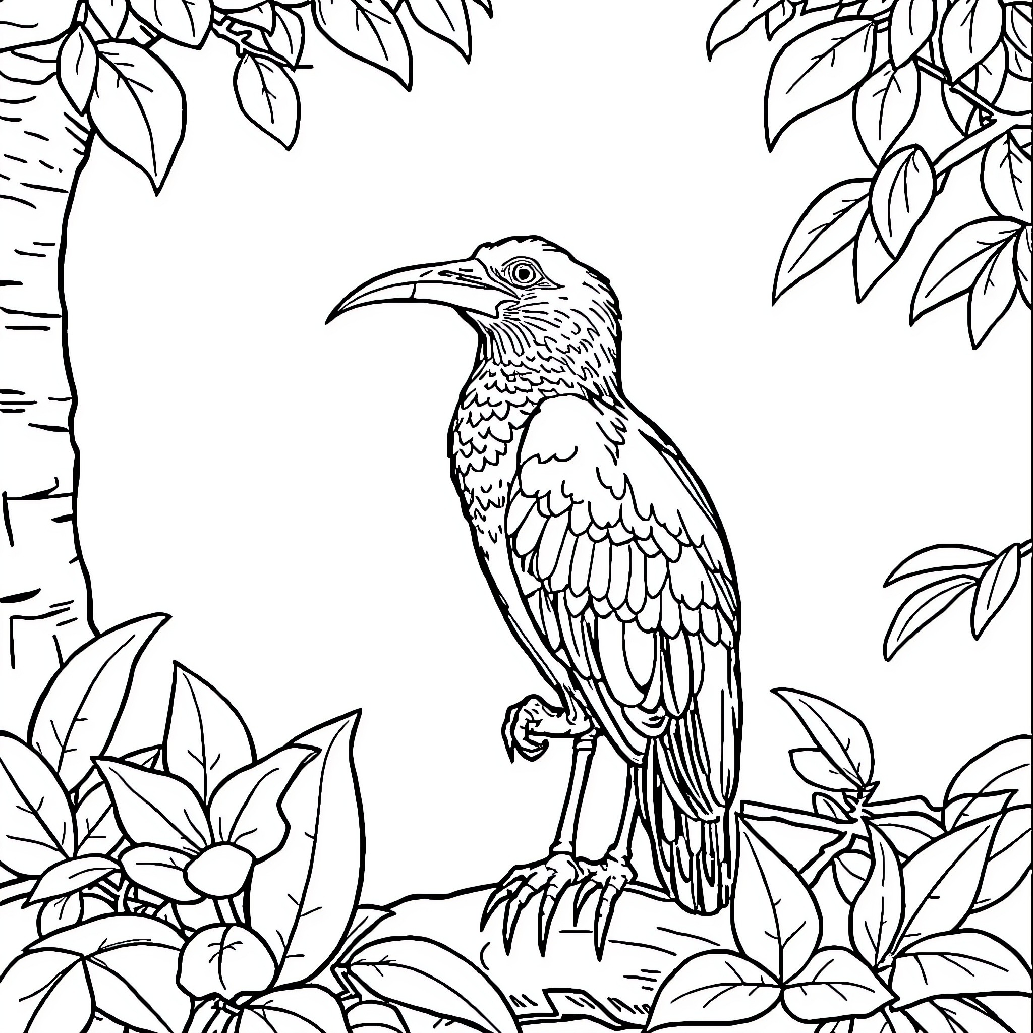 Animal sitting on tree branch surrounded by foliage Coloring Page (free black-and-white line drawing printable PDF for all, from beginners to advanced learners, including children, teens, adults, and seniors)