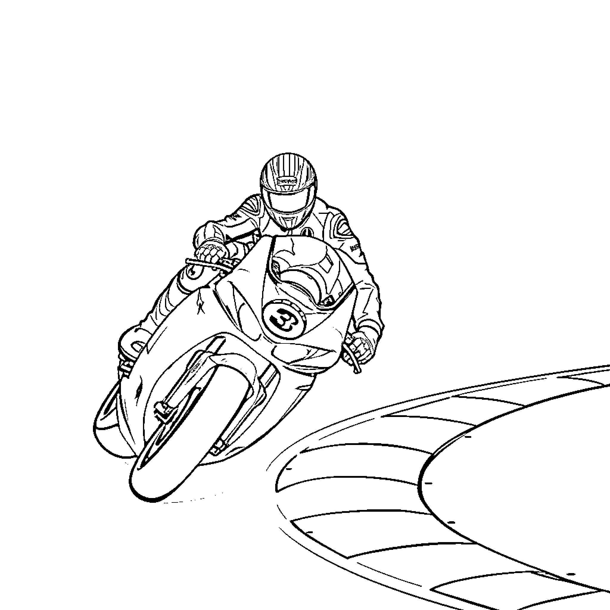 Valentino Rossi racing motorcycle on the track Coloring Page (free black-and-white line drawing printable PDF for all, from beginners to advanced learners, including children, teens, adults, and seniors)