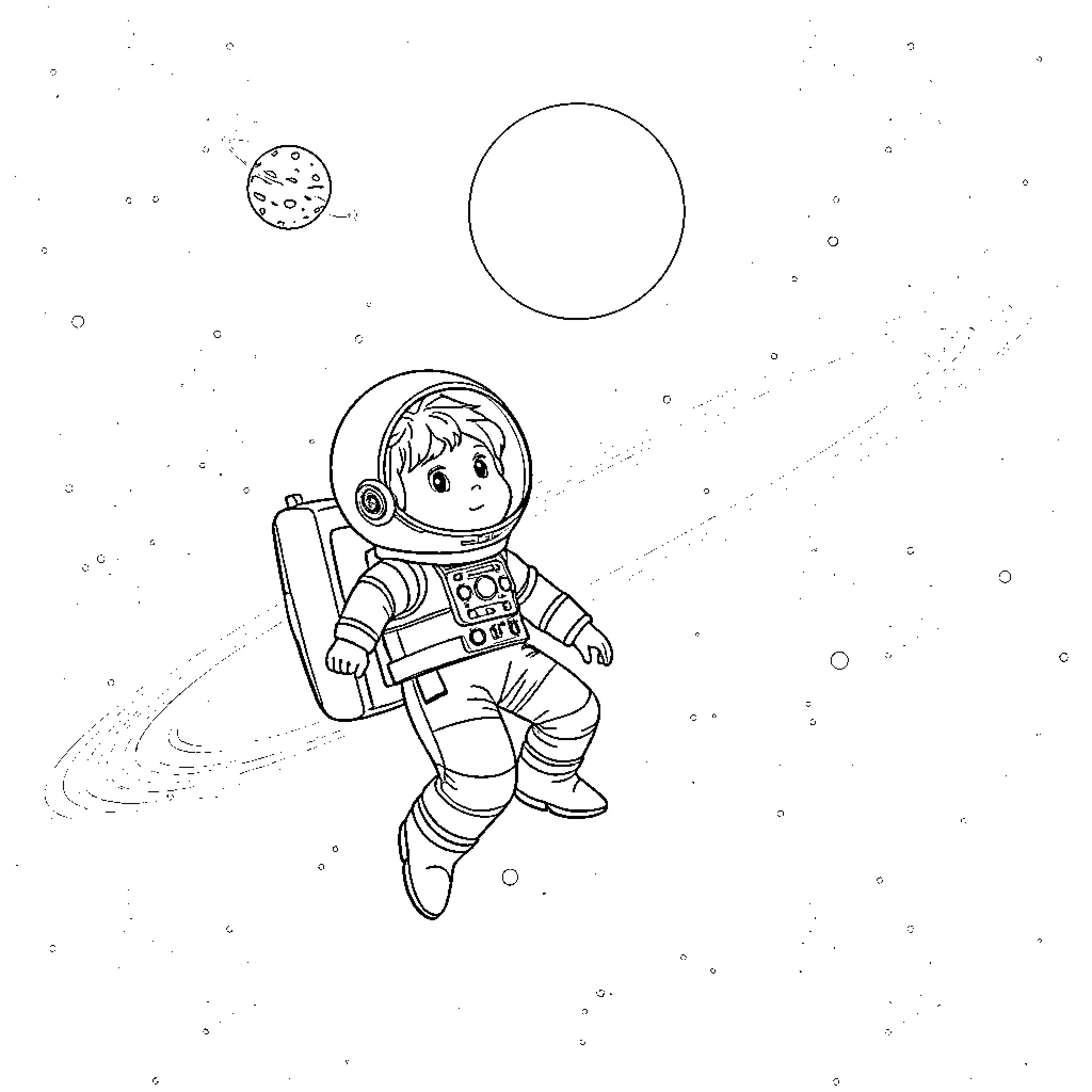 Kid astronaut exploring the cosmos Coloring Page (free black-and-white line drawing printable PDF for all, from beginners to advanced learners, including children, teens, adults, and seniors)