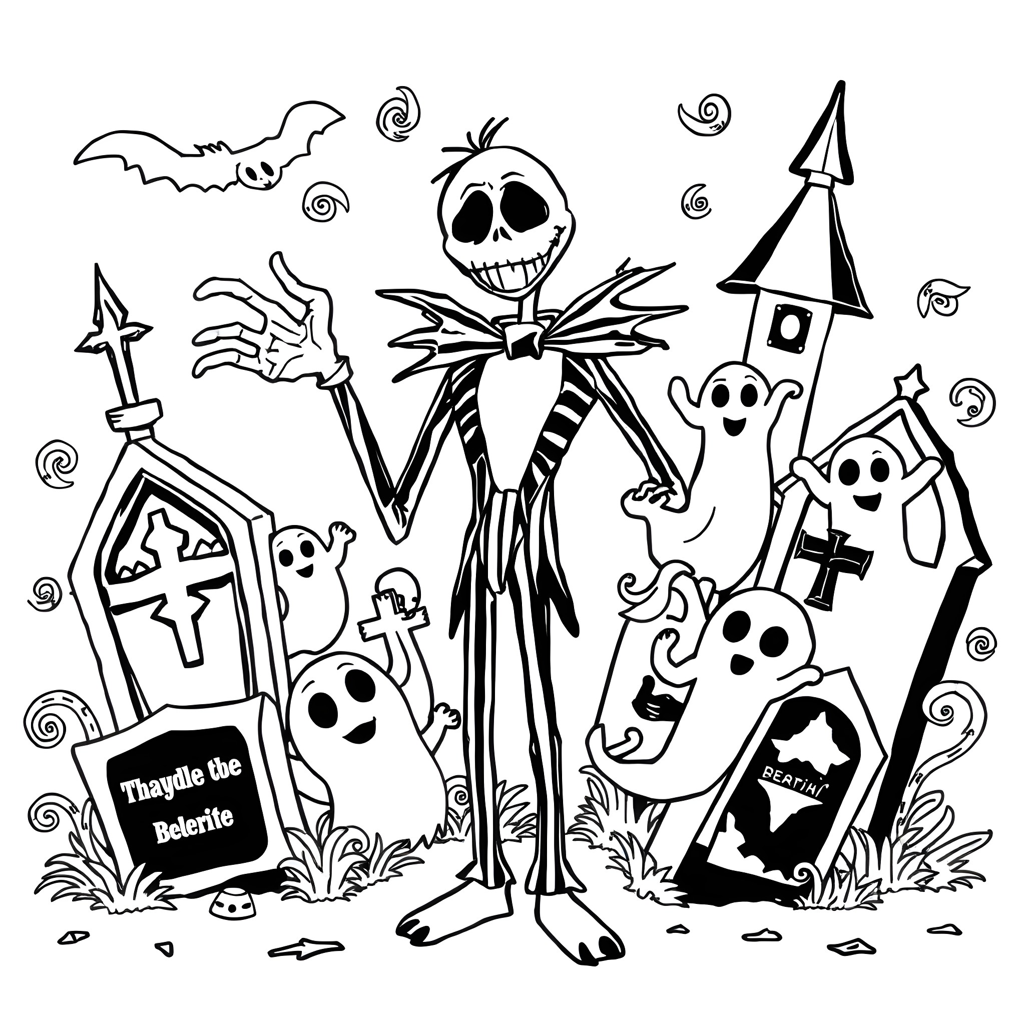 Beetlejuice's Haunting Escapades in Spooky Surroundings Coloring Page (free black-and-white line drawing printable PDF for all, from beginners to advanced learners, including children, teens, adults, and seniors)
