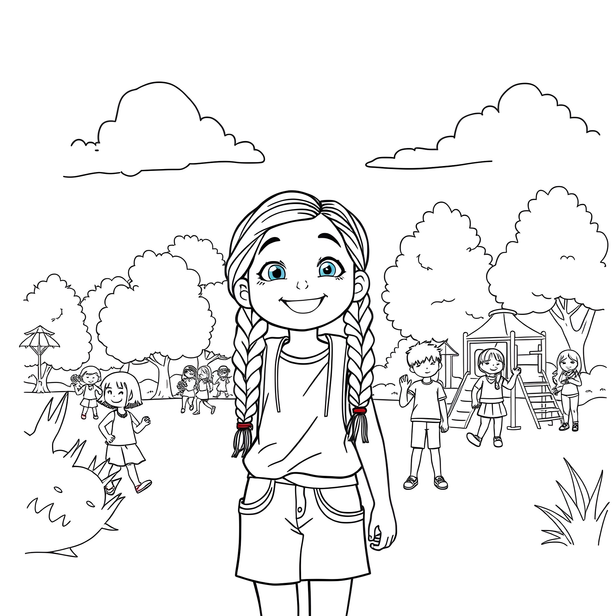 Child exploring a colorful outdoor scene with friends Coloring Page (free black-and-white line drawing printable PDF for all, from beginners to advanced learners, including children, teens, adults, and seniors)