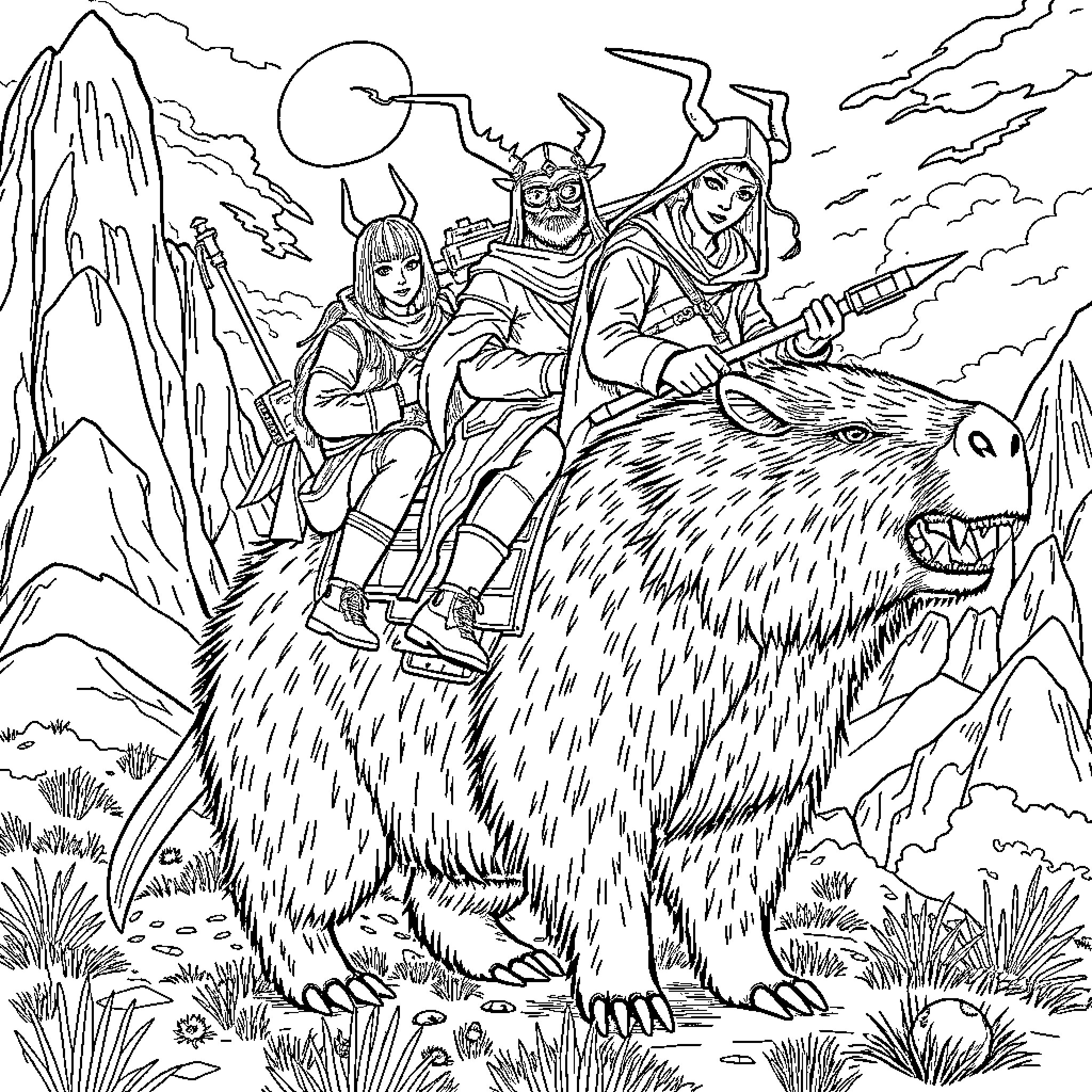 Demon Hunter Warriors Ride Fearsome Beast into Battle Coloring Page (free black-and-white line drawing printable PDF for all, from beginners to advanced learners, including children, teens, adults, and seniors)