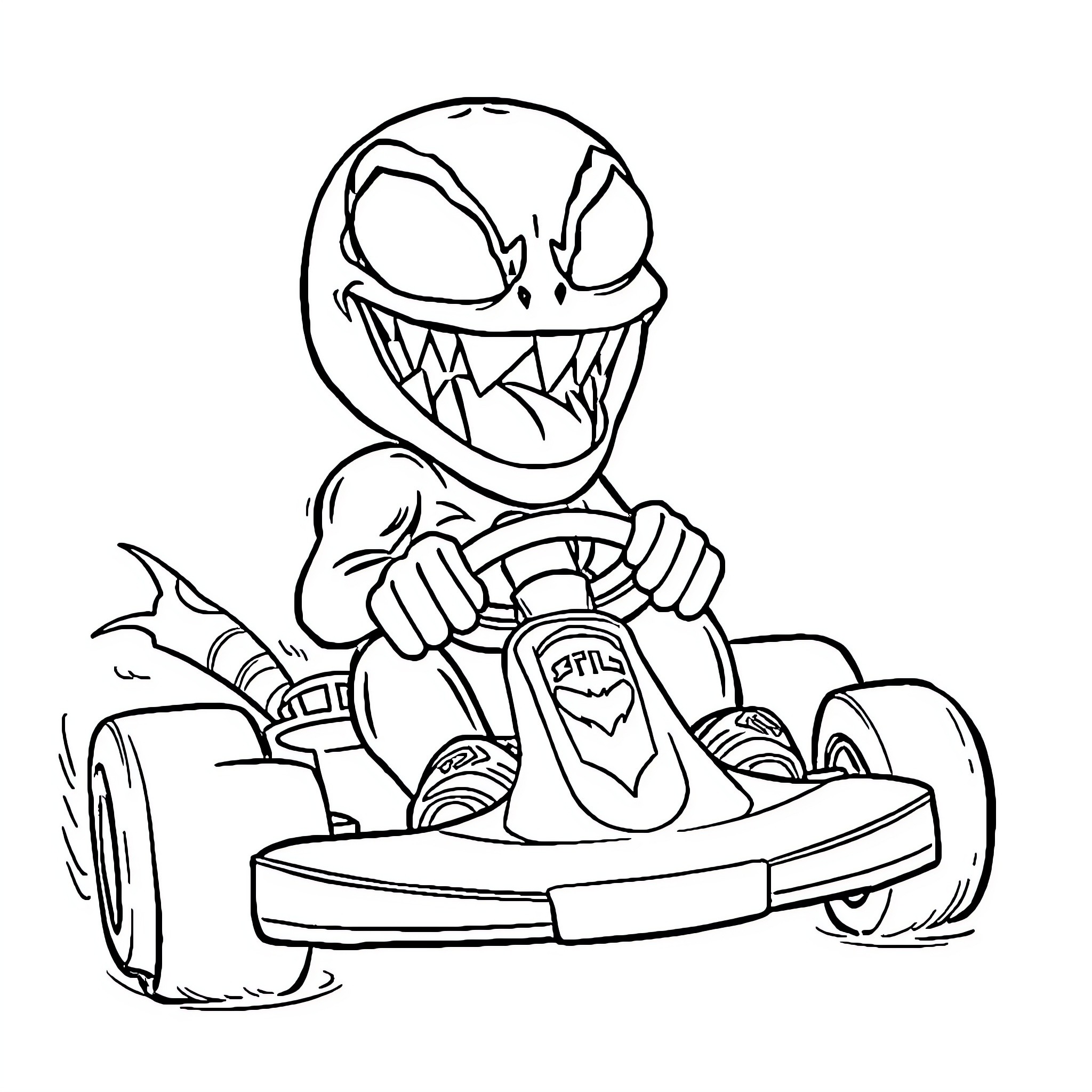 Venom-Themed Kart Racer in Action Coloring Page (free black-and-white line drawing printable PDF for all, from beginners to advanced learners, including children, teens, adults, and seniors)