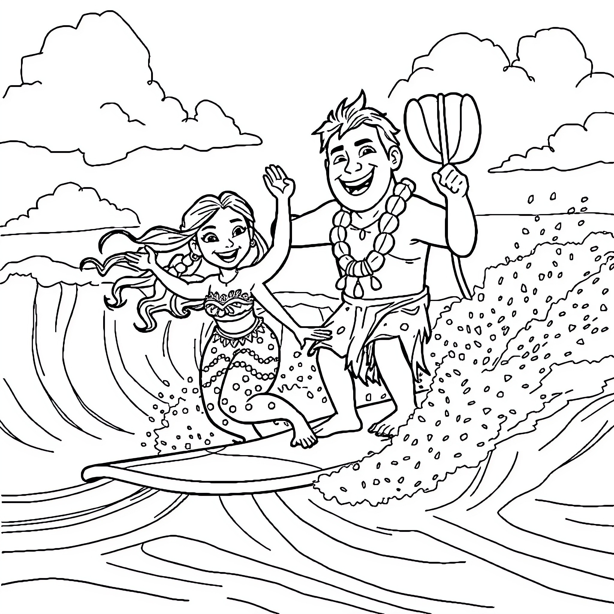 Moana and Maui surfing through the waves Coloring Page (free black-and-white line drawing printable PDF for all, from beginners to advanced learners, including children, teens, adults, and seniors)