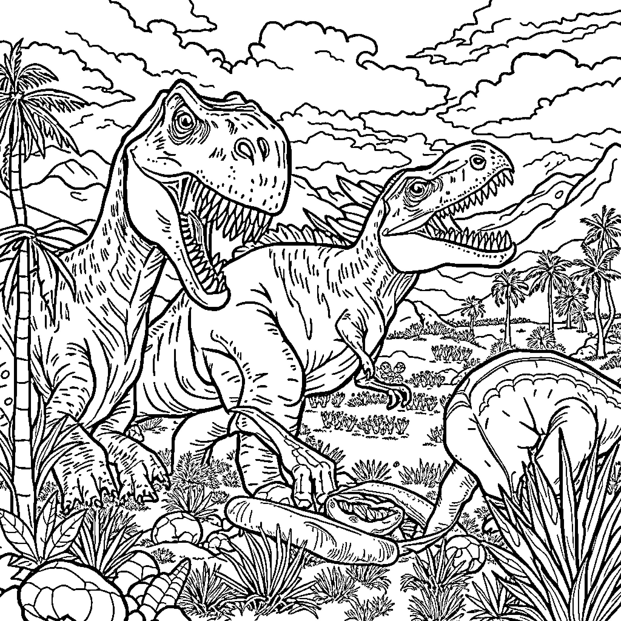 Dinosaurs roaming through a prehistoric landscape Coloring Page (free black-and-white line drawing printable PDF for all, from beginners to advanced learners, including children, teens, adults, and seniors)