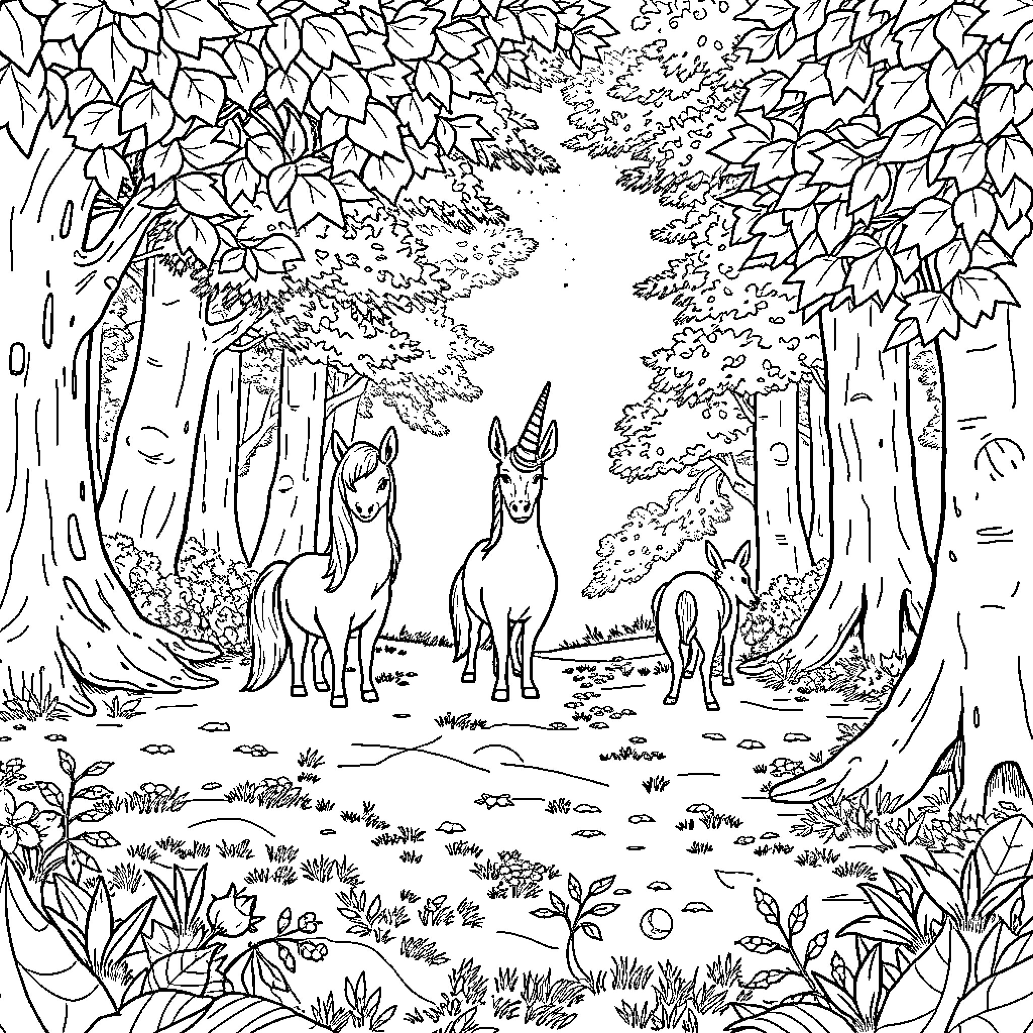 Einhorn Unicorns in Enchanted Forest Coloring Page (free black-and-white line drawing printable PDF for all, from beginners to advanced learners, including children, teens, adults, and seniors)