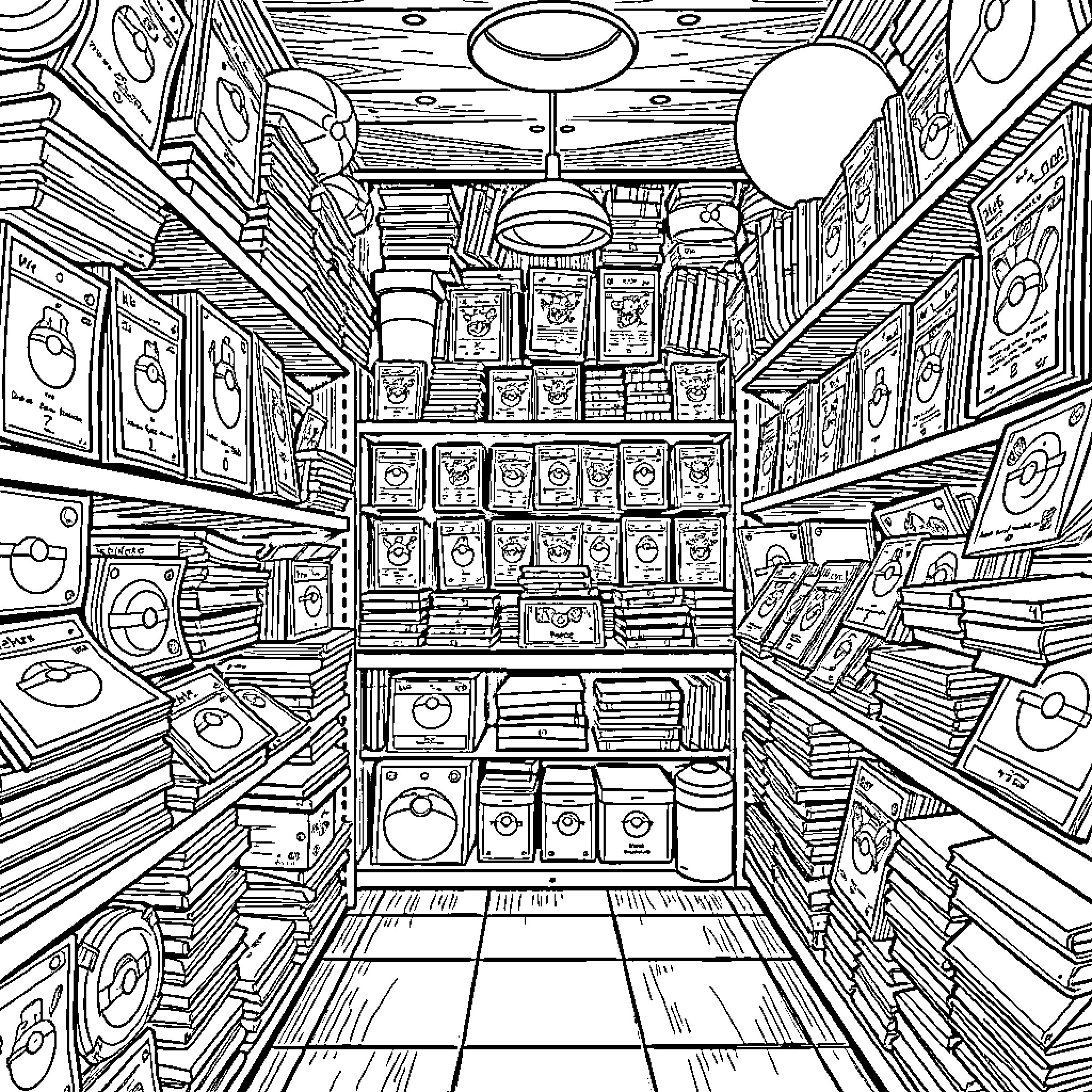 Pokémon Trading Card Game Shop Exploration Coloring Page (free black-and-white line drawing printable PDF for all, from beginners to advanced learners, including children, teens, adults, and seniors)