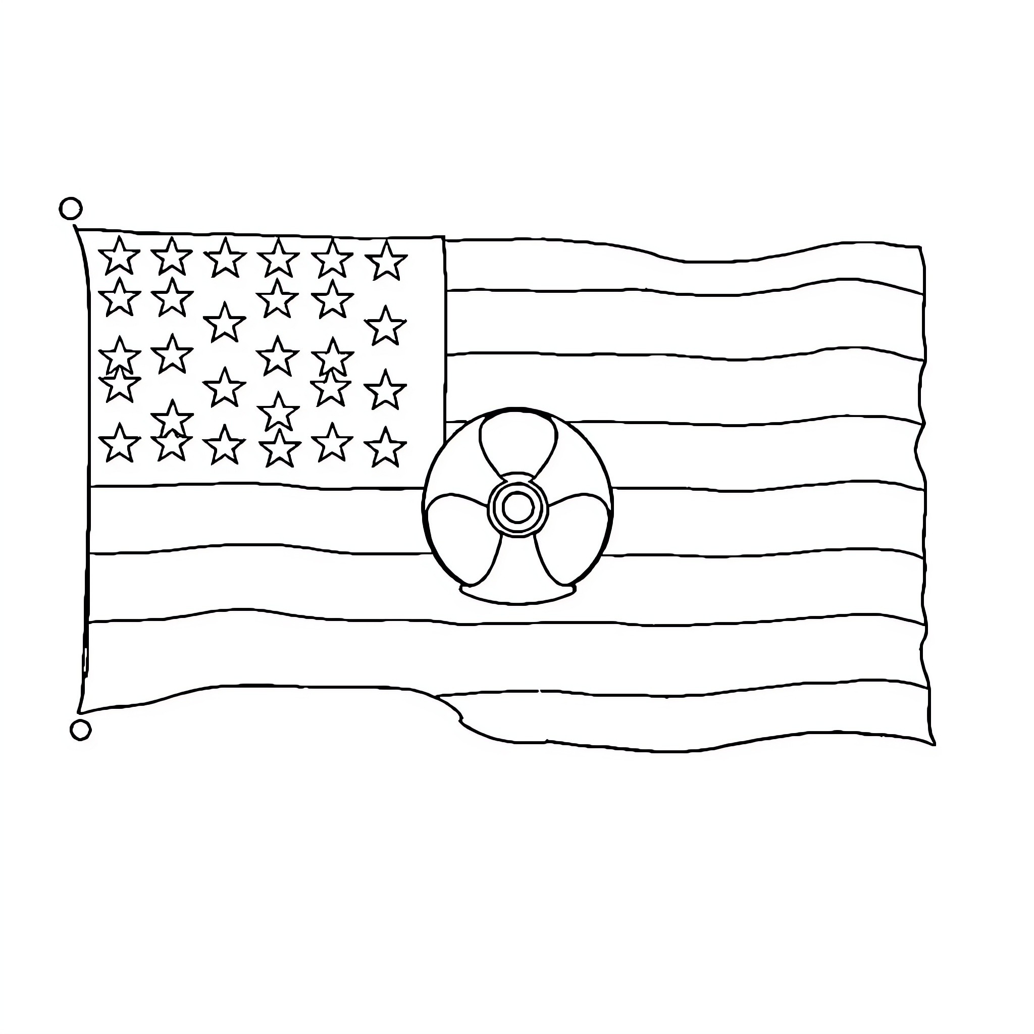 Flag with stars and nuclear symbol Coloring Page (free black-and-white line drawing printable PDF for all, from beginners to advanced learners, including children, teens, adults, and seniors)
