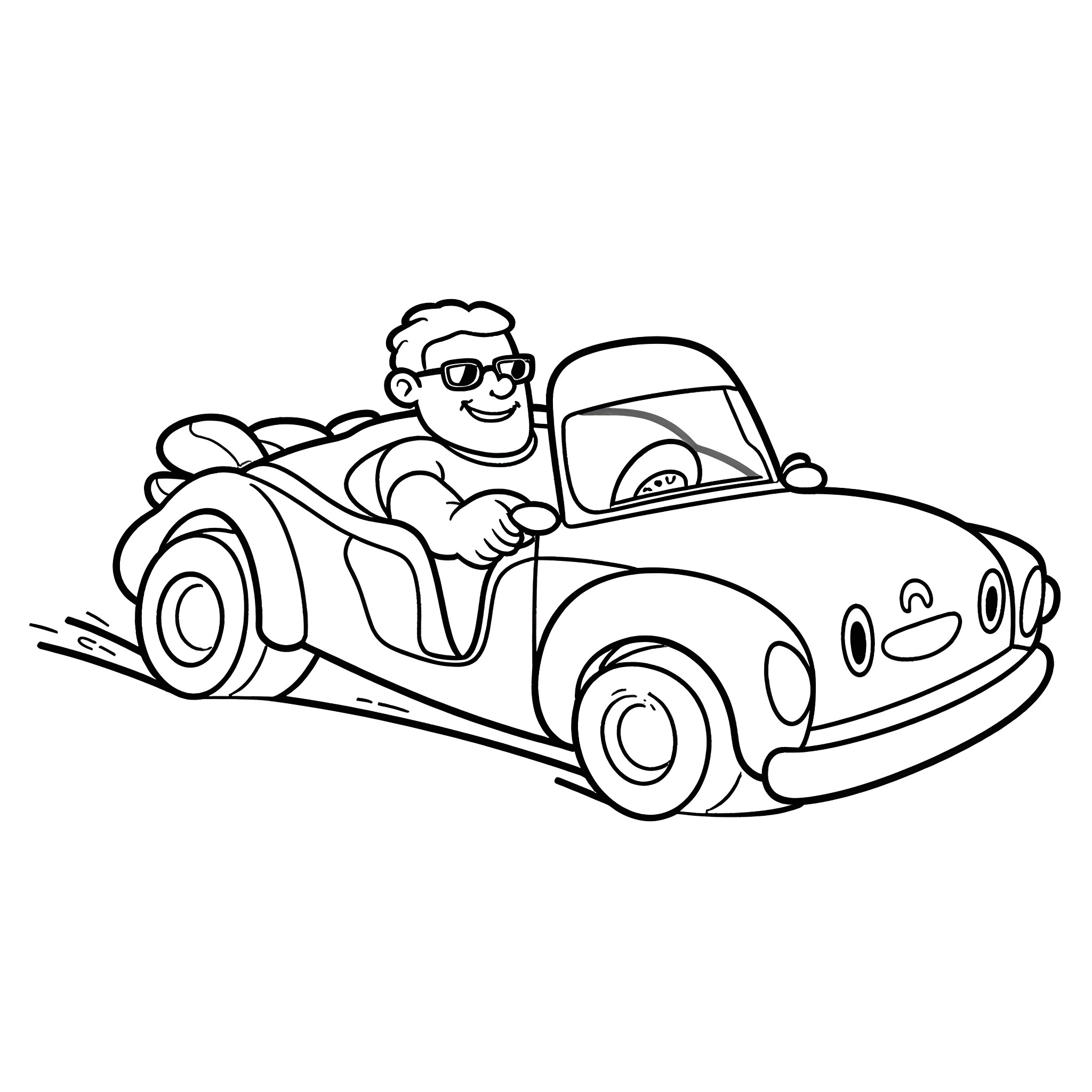 Mr T driving a happy car down the road Coloring Page (free black-and-white line drawing printable PDF for all, from beginners to advanced learners, including children, teens, adults, and seniors)