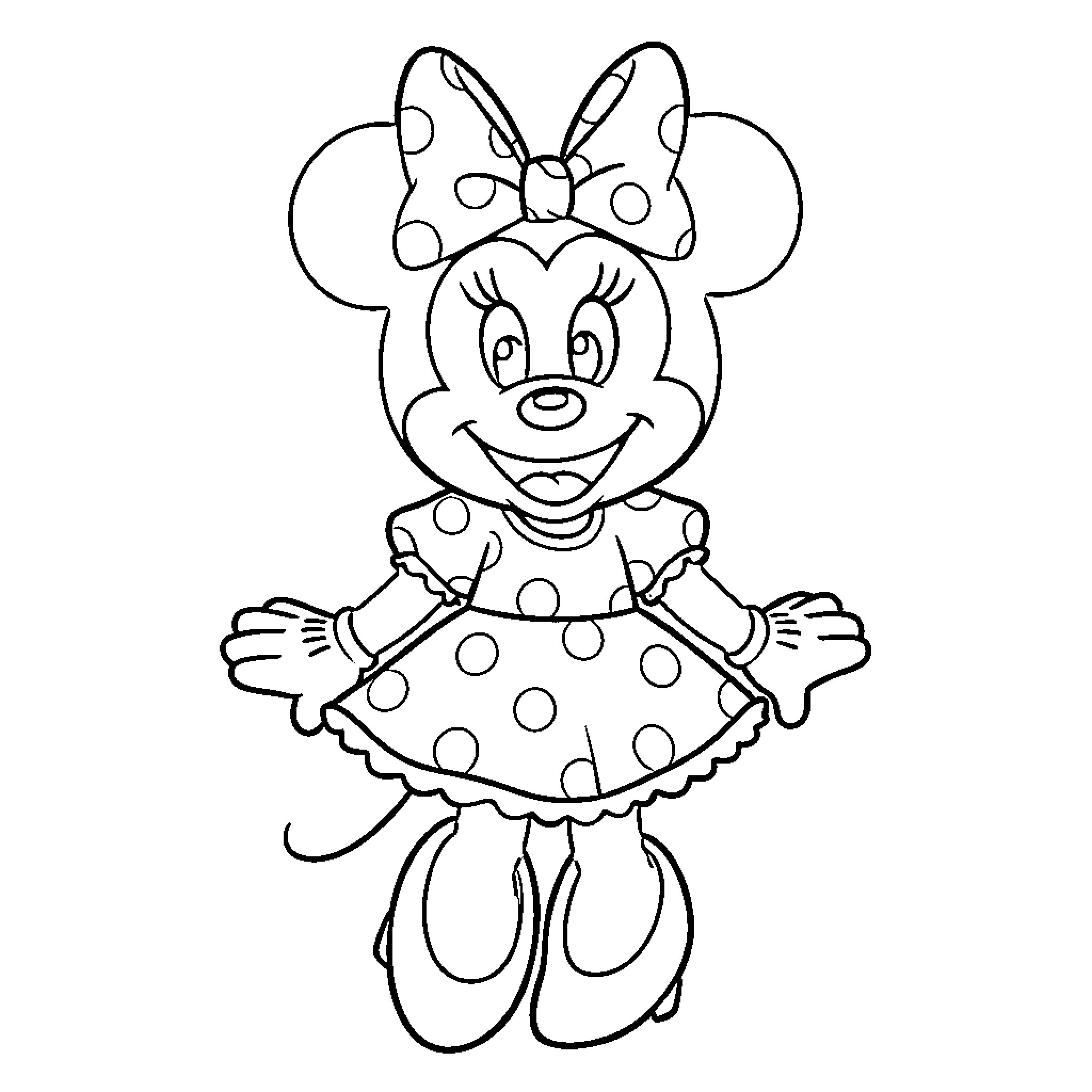 Minnie in polka-dot dress with bow posing happily Coloring Page (free black-and-white line drawing printable PDF for all, from beginners to advanced learners, including children, teens, adults, and seniors)