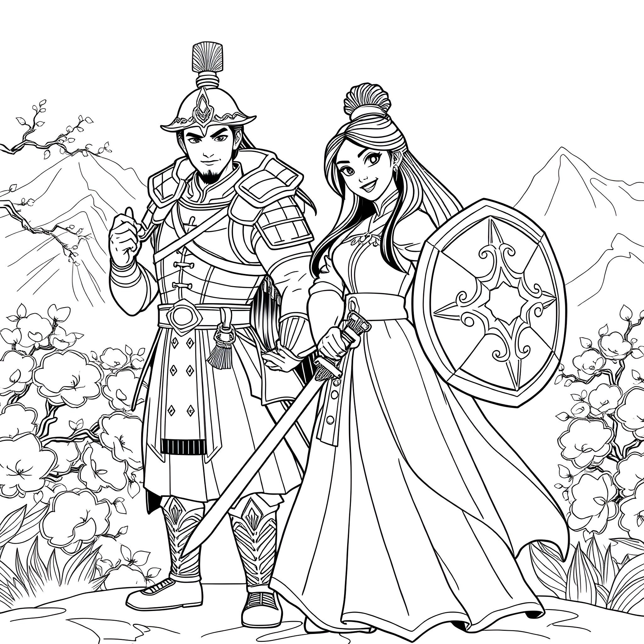Mulan and her warrior companion in an epic scene Coloring Page (free black-and-white line drawing printable PDF for all, from beginners to advanced learners, including children, teens, adults, and seniors)