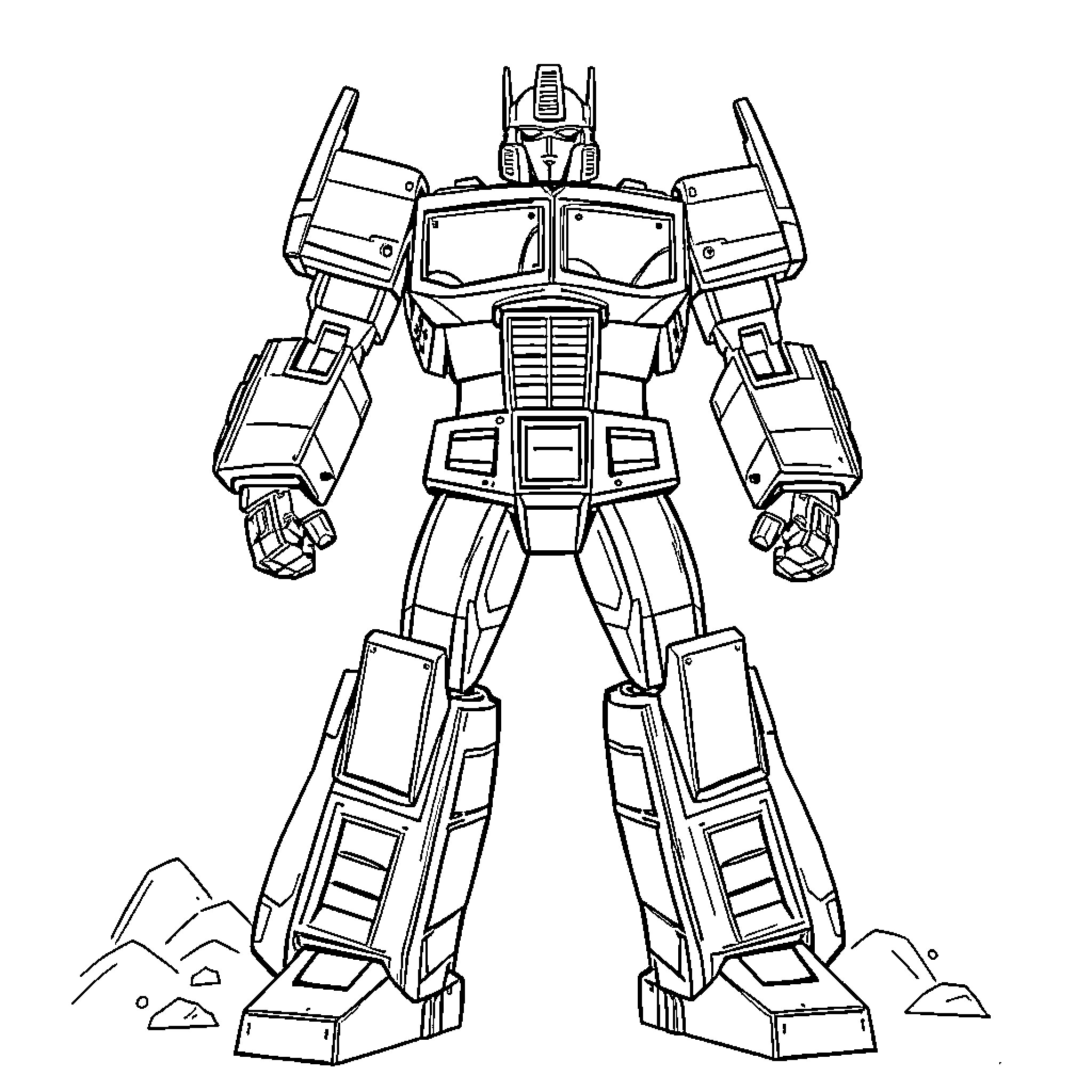 Optimus Prime standing tall in transformers scene Coloring Page (free black-and-white line drawing printable PDF for all, from beginners to advanced learners, including children, teens, adults, and seniors)