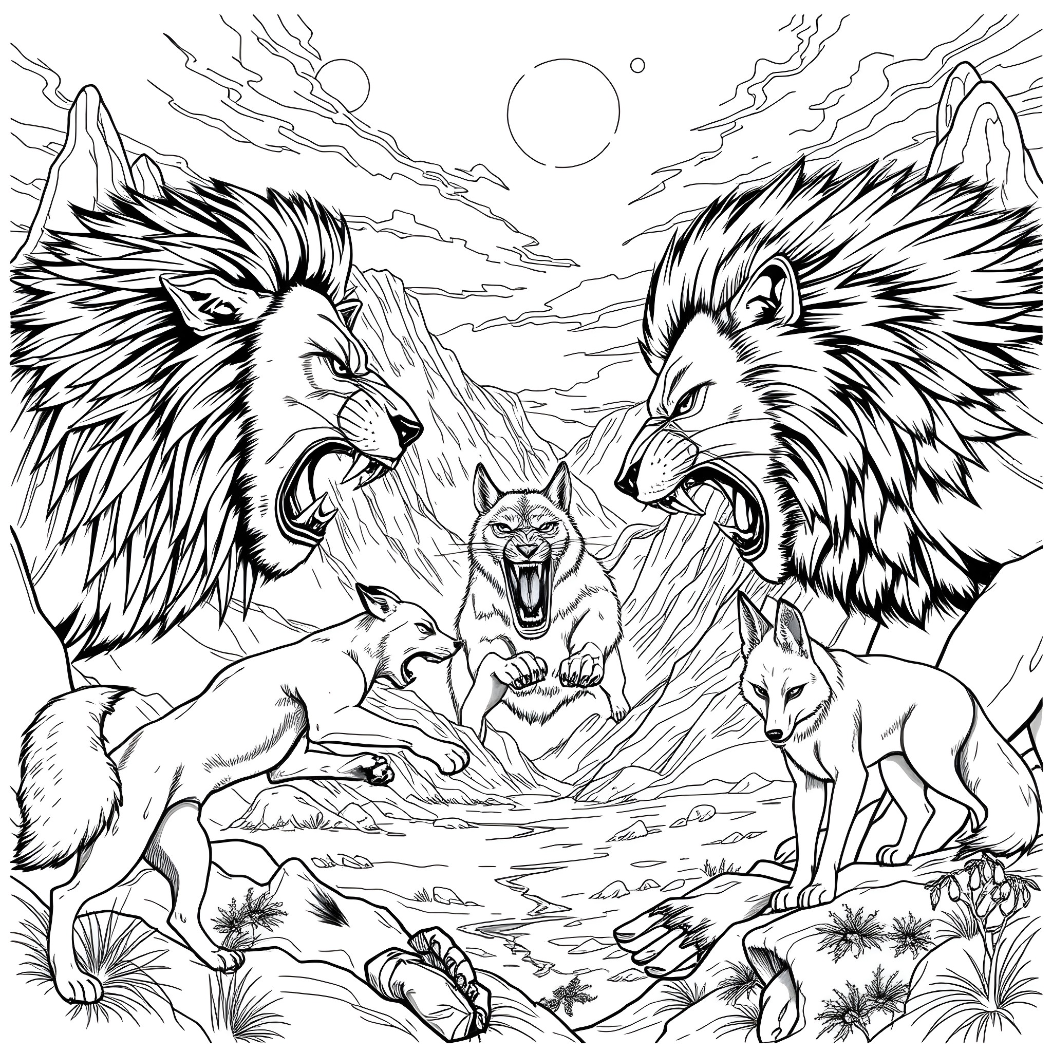 Animal Pack of Wolves Howling in Moonlight Coloring Page (free black-and-white line drawing printable PDF for all, from beginners to advanced learners, including children, teens, adults, and seniors)