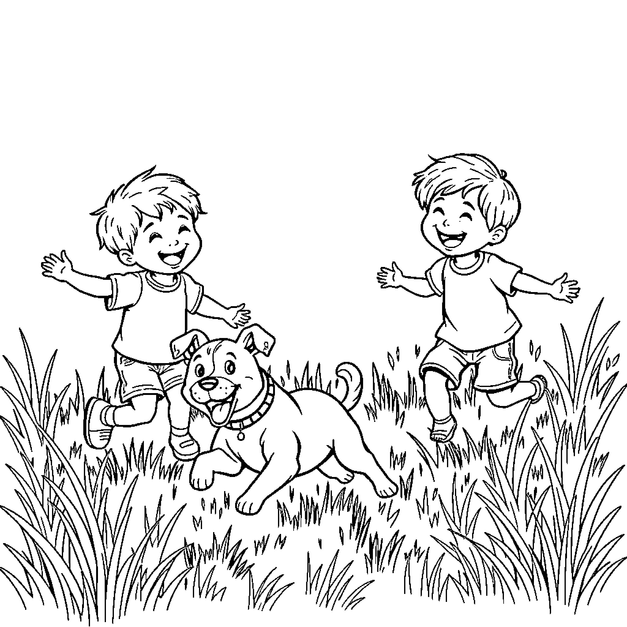 Child friends playing joyfully with dog in grassy field Coloring Page (free black-and-white line drawing printable PDF for all, from beginners to advanced learners, including children, teens, adults, and seniors)