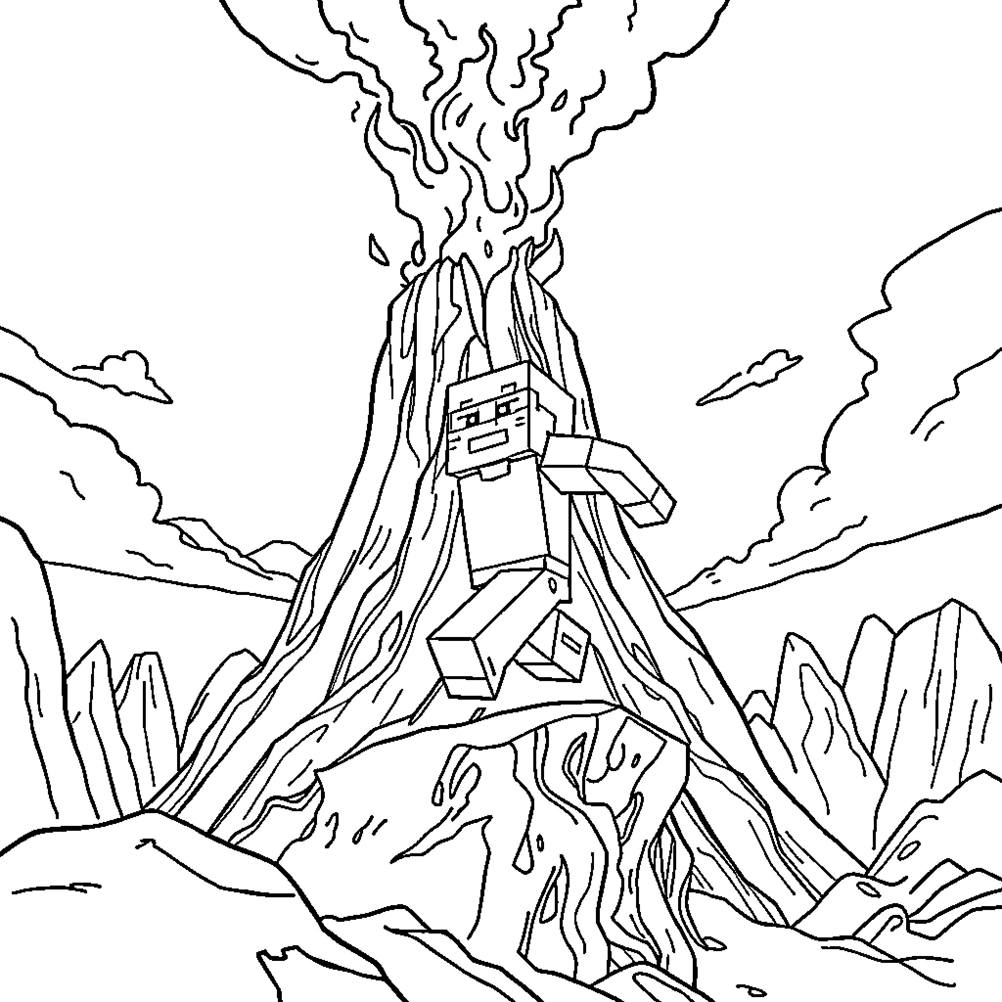 Steve's Fiery Adventure on the Volcanic Mountain Coloring Page (free black-and-white line drawing printable PDF for all, from beginners to advanced learners, including children, teens, adults, and seniors)