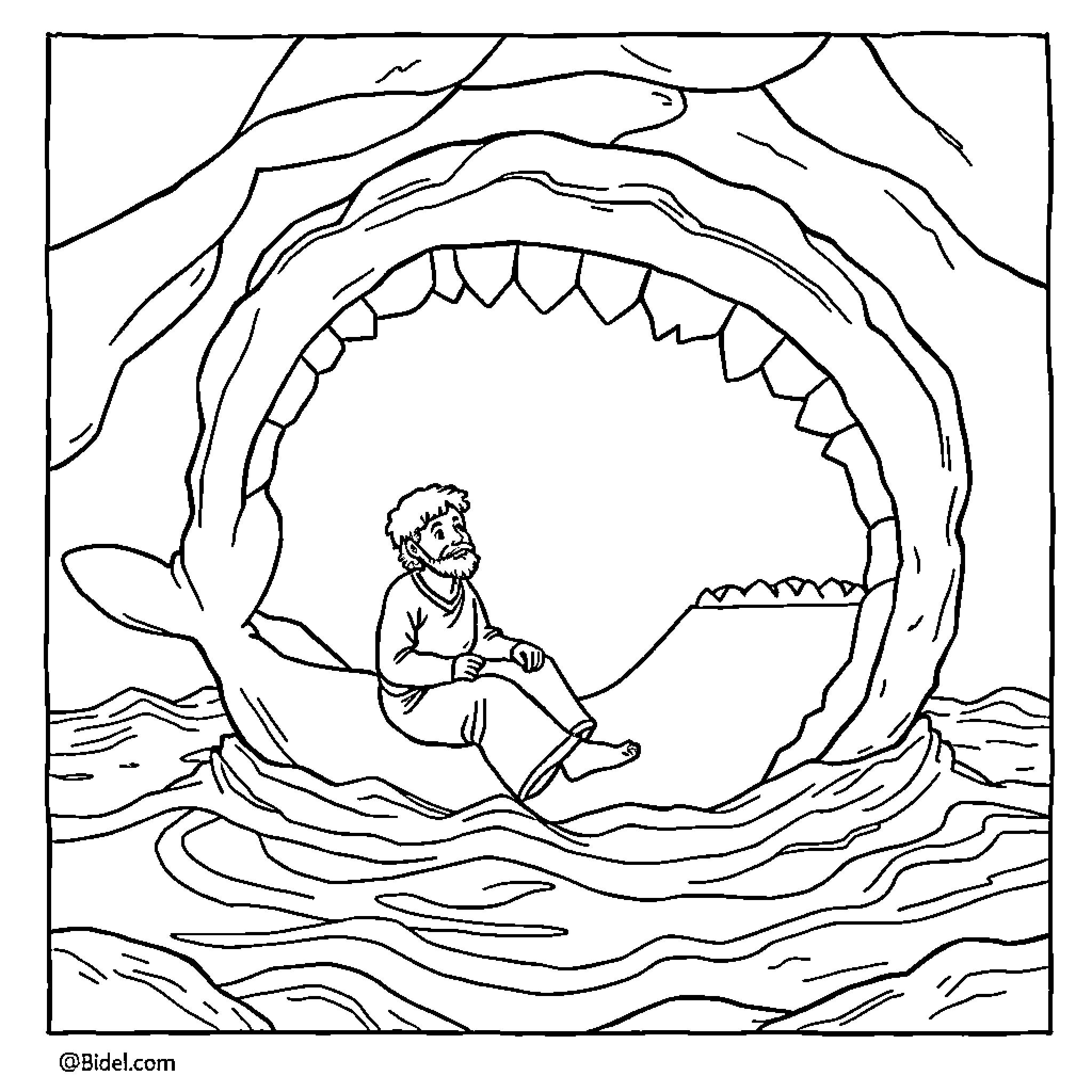 Whale swallowing man in a perilous situation Coloring Page (free black-and-white line drawing printable PDF for all, from beginners to advanced learners, including children, teens, adults, and seniors)