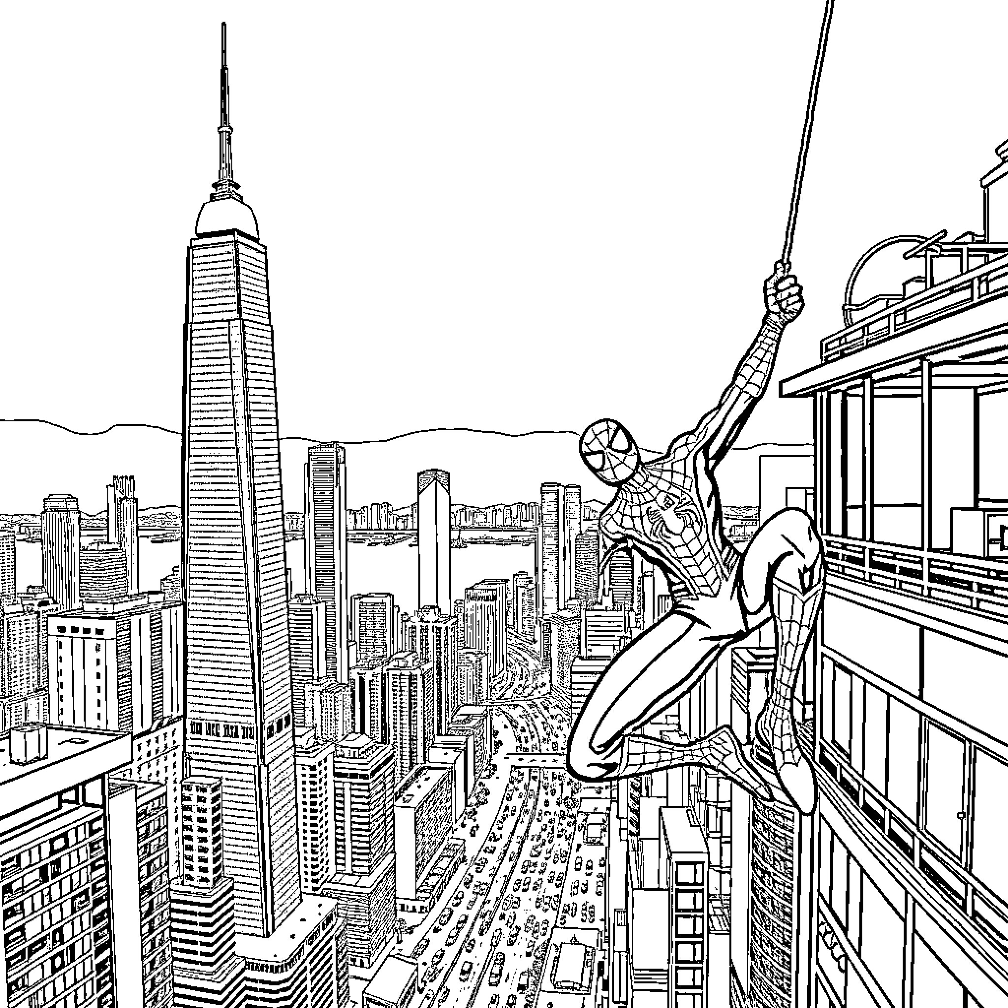Spiderman swinging through the city skyline Coloring Page (free black-and-white line drawing printable PDF for all, from beginners to advanced learners, including children, teens, adults, and seniors)