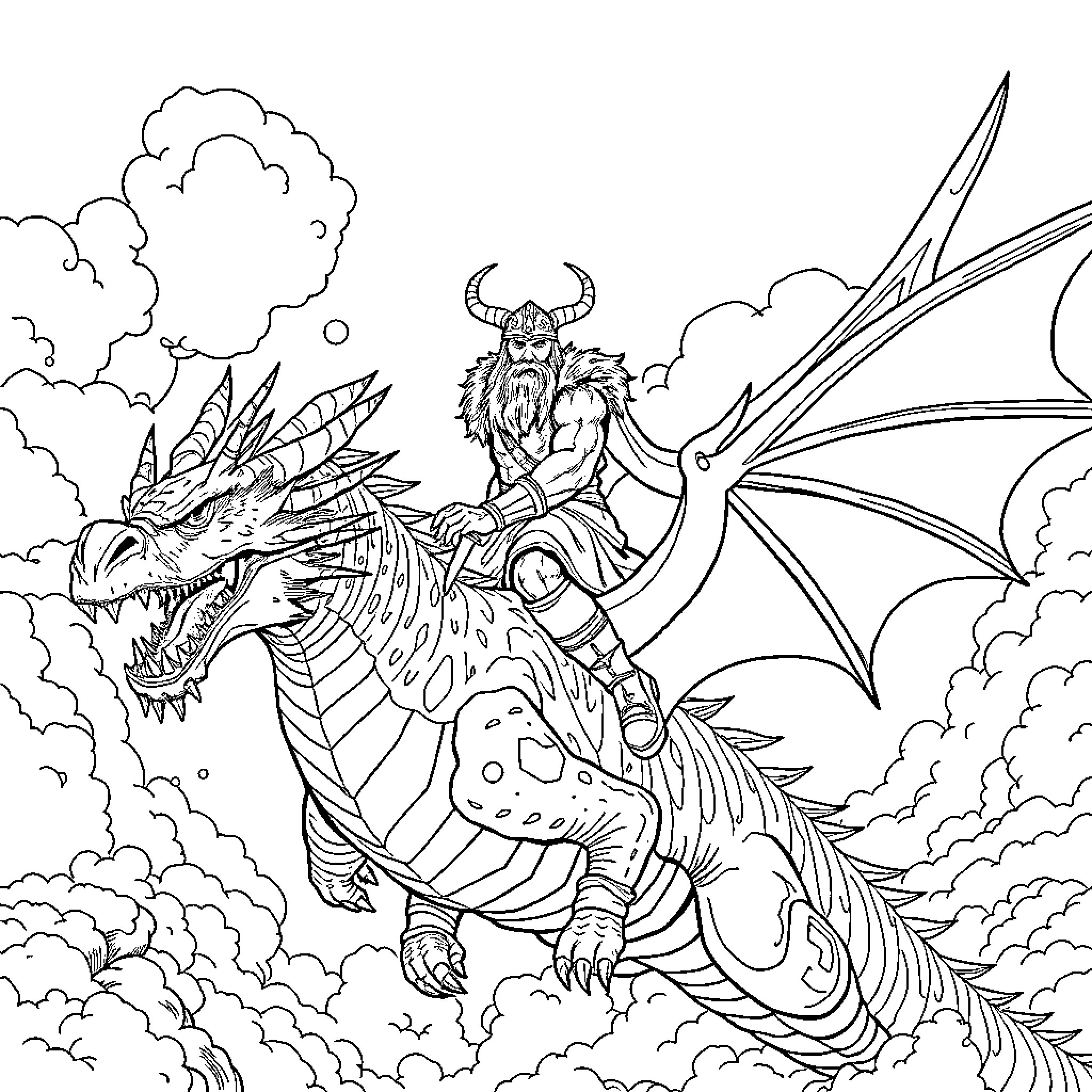 Viking riding a ferocious dragon amidst the clouds Coloring Page (free black-and-white line drawing printable PDF for all, from beginners to advanced learners, including children, teens, adults, and seniors)