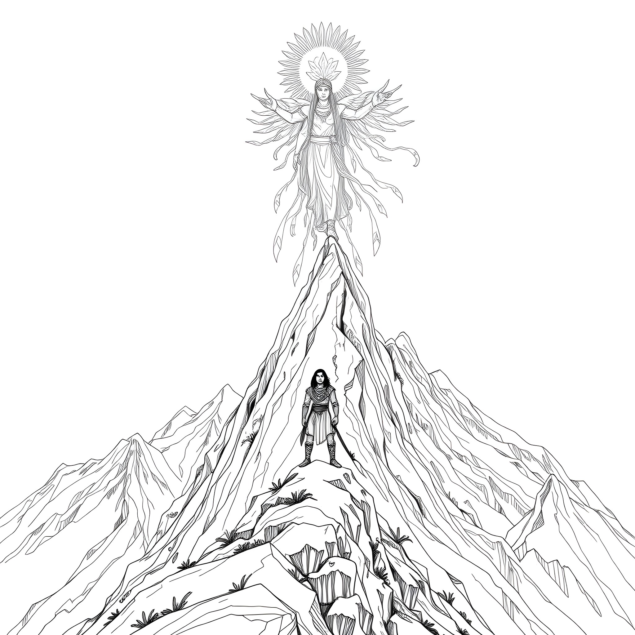 Spirit of the Mountain Rising Above Coloring Page (free black-and-white line drawing printable PDF for all, from beginners to advanced learners, including children, teens, adults, and seniors)