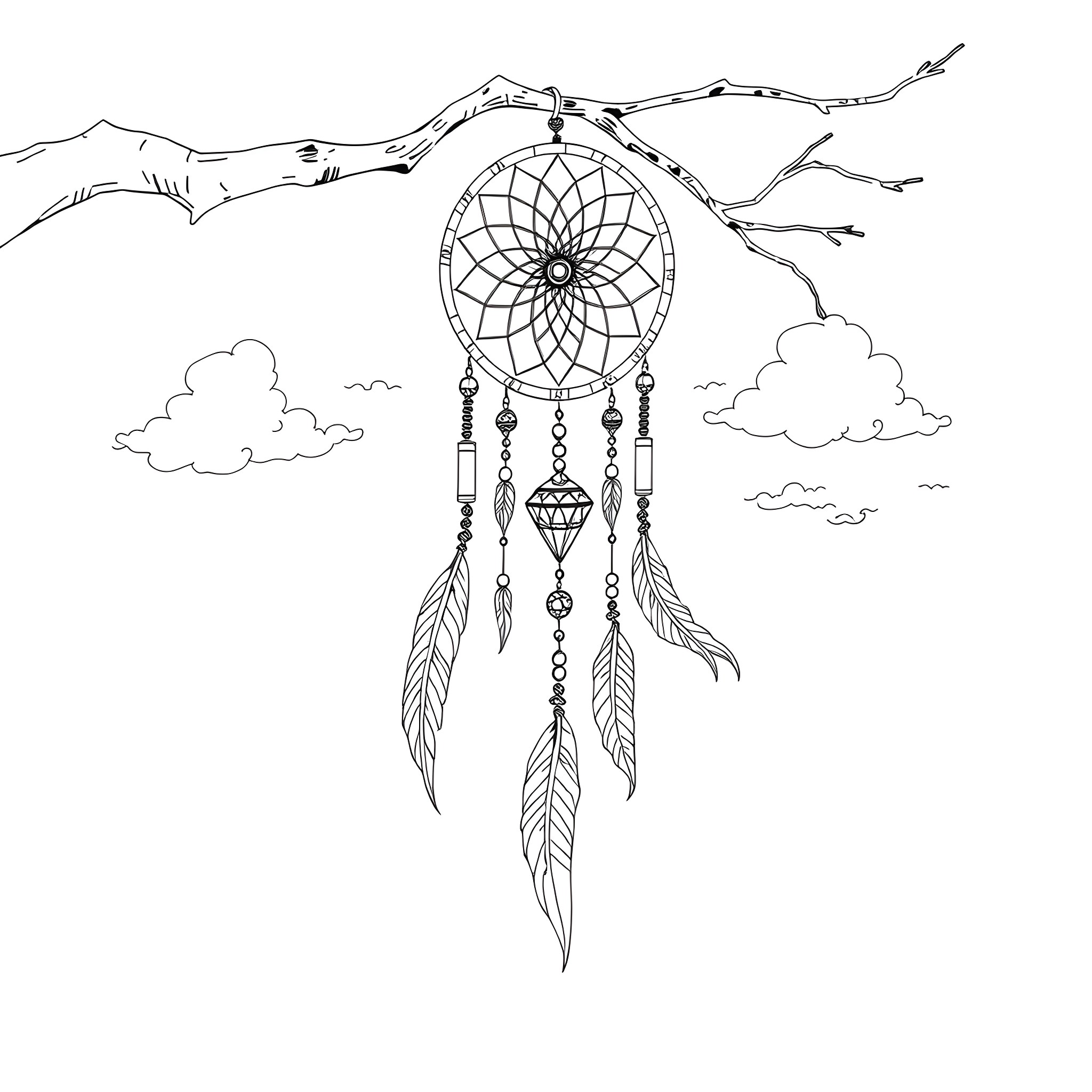 Dream Catcher Hanging Peacefully in the Sky Coloring Page (free black-and-white line drawing printable PDF for all, from beginners to advanced learners, including children, teens, adults, and seniors)