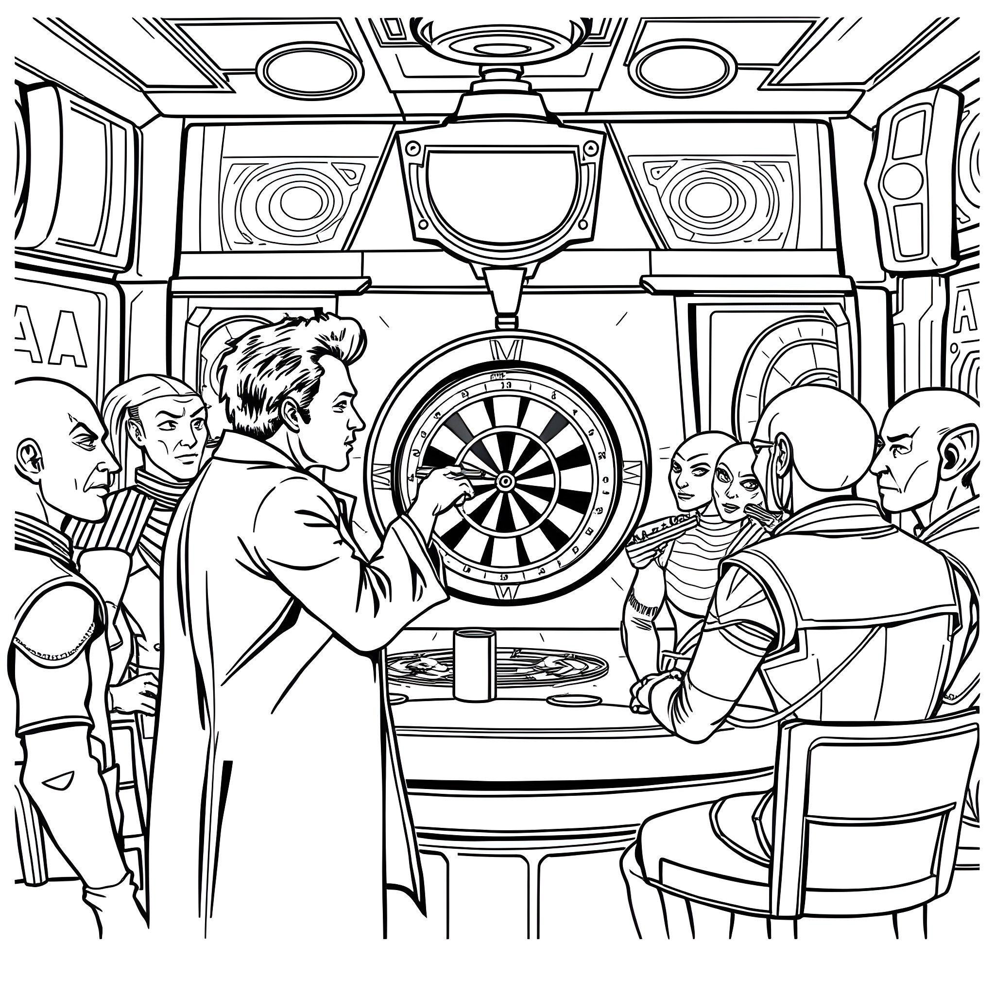Doctor Who characters in futuristic space setting Coloring Page (free black-and-white line drawing printable PDF for all, from beginners to advanced learners, including children, teens, adults, and seniors)