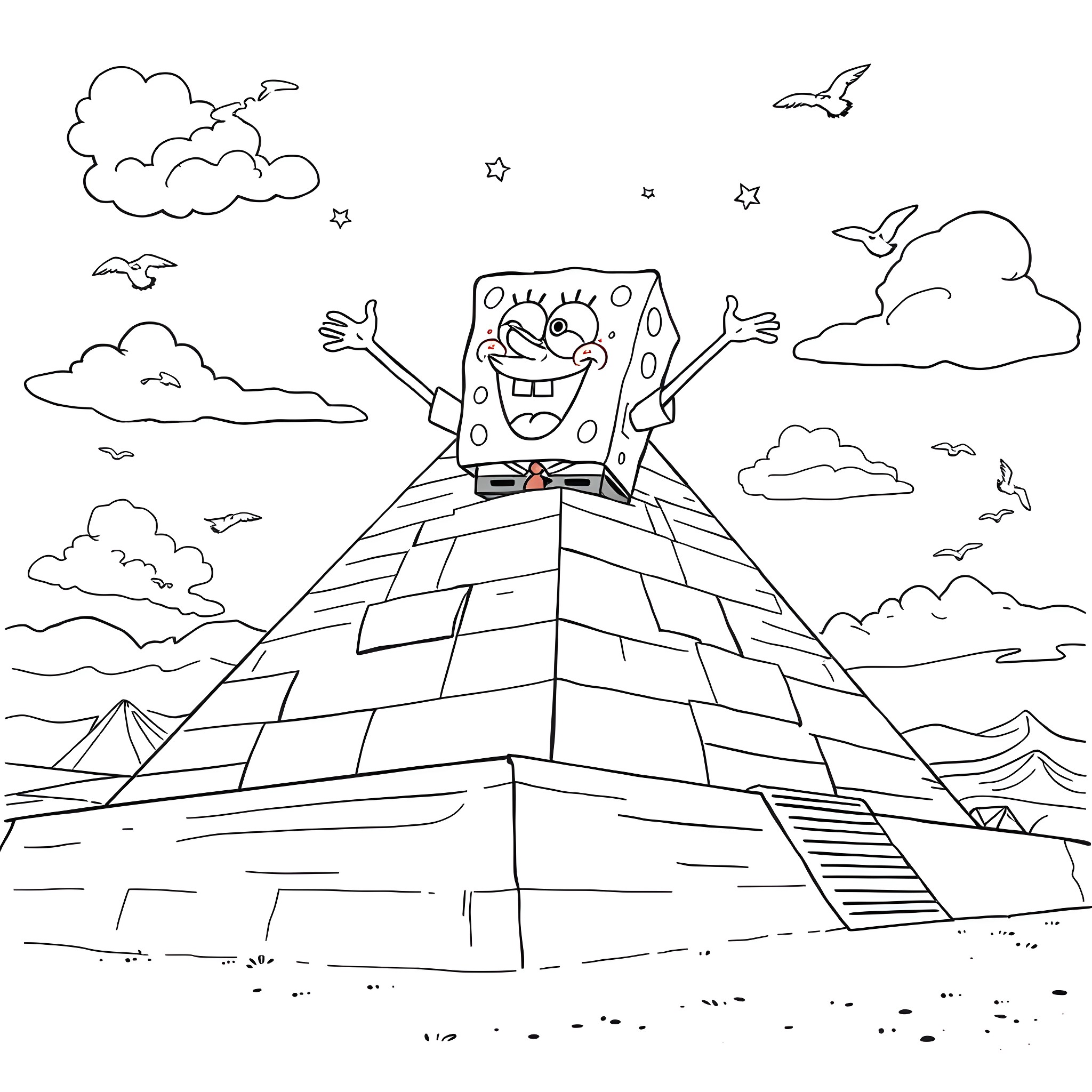 Spongebob's Pyramid Adventure Coloring Page (free black-and-white line drawing printable PDF for all, from beginners to advanced learners, including children, teens, adults, and seniors)