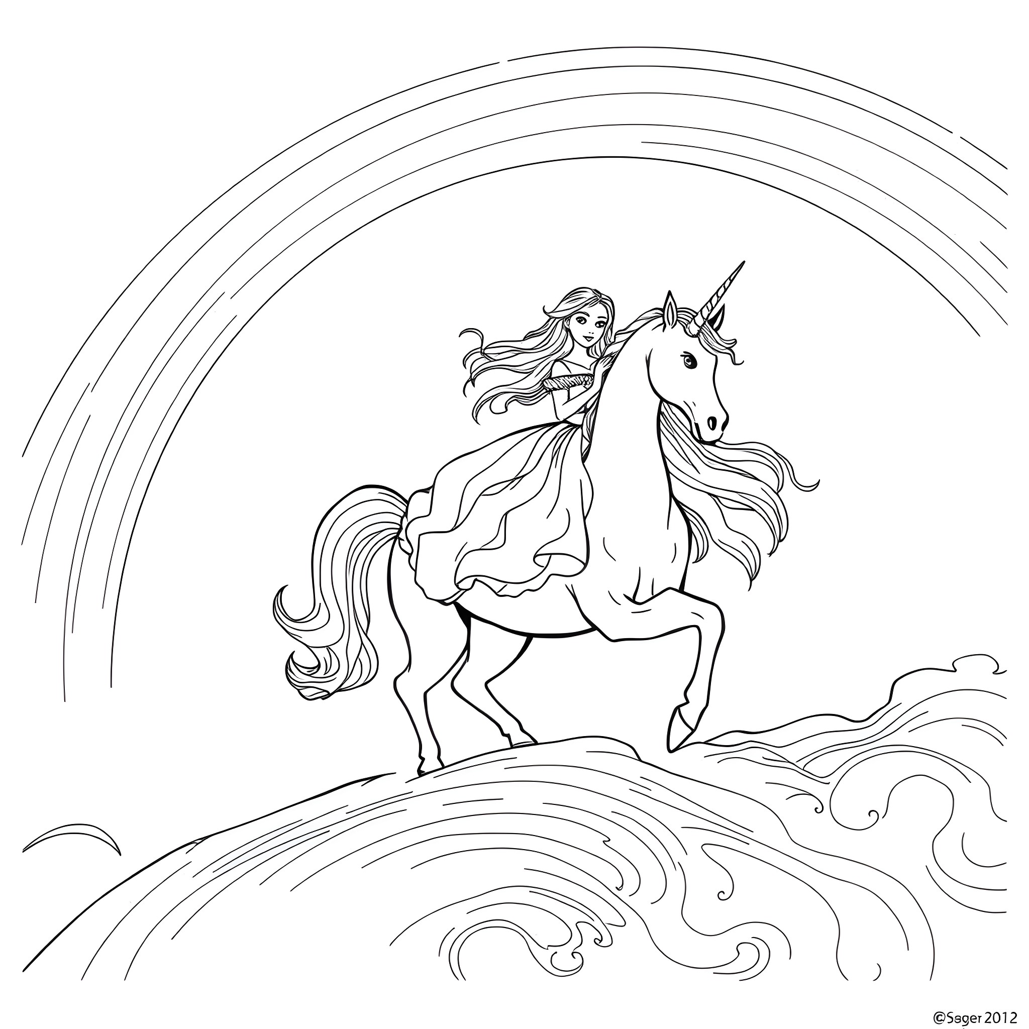 Princess riding a unicorn in the magical landscape Coloring Page (free black-and-white line drawing printable PDF for all, from beginners to advanced learners, including children, teens, adults, and seniors)