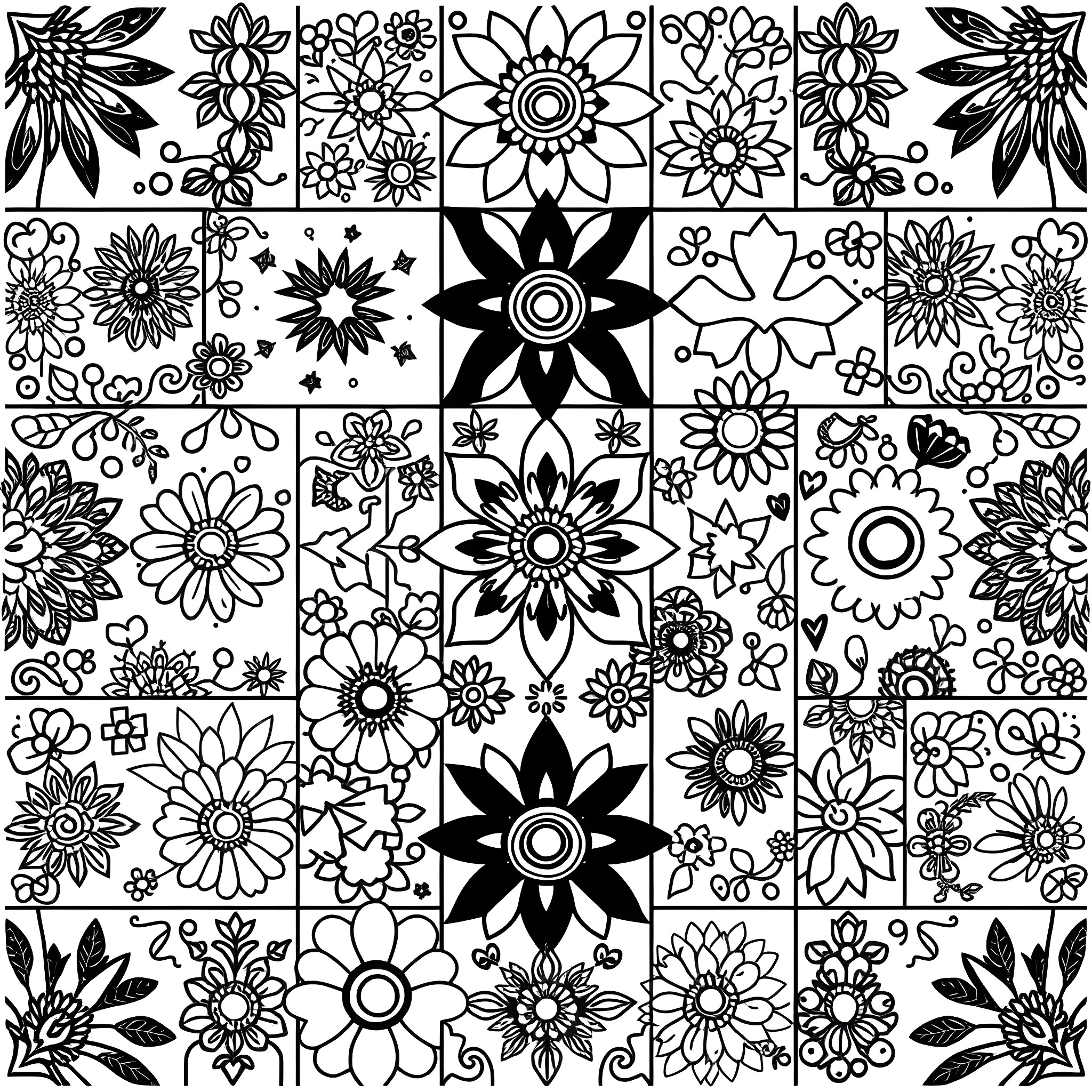 Patchwork of Vibrant Floral Designs Coloring Page (free black-and-white line drawing printable PDF for all, from beginners to advanced learners, including children, teens, adults, and seniors)