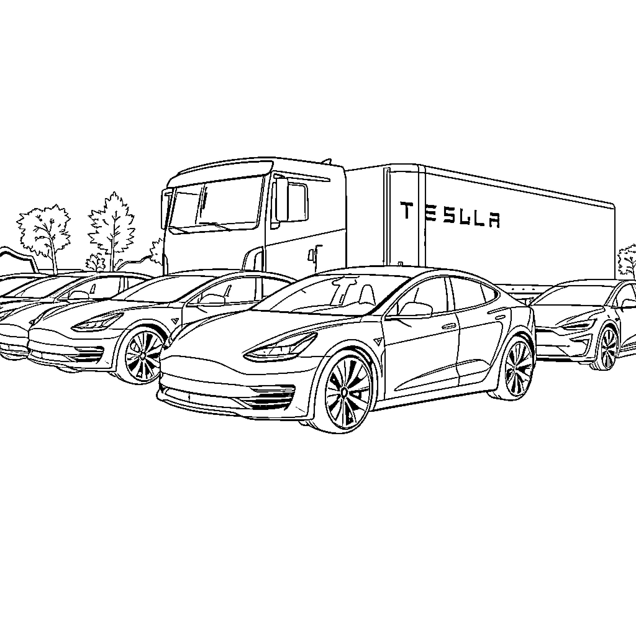 Car showroom with Tesla electric vehicles Coloring Page (free black-and-white line drawing printable PDF for all, from beginners to advanced learners, including children, teens, adults, and seniors)
