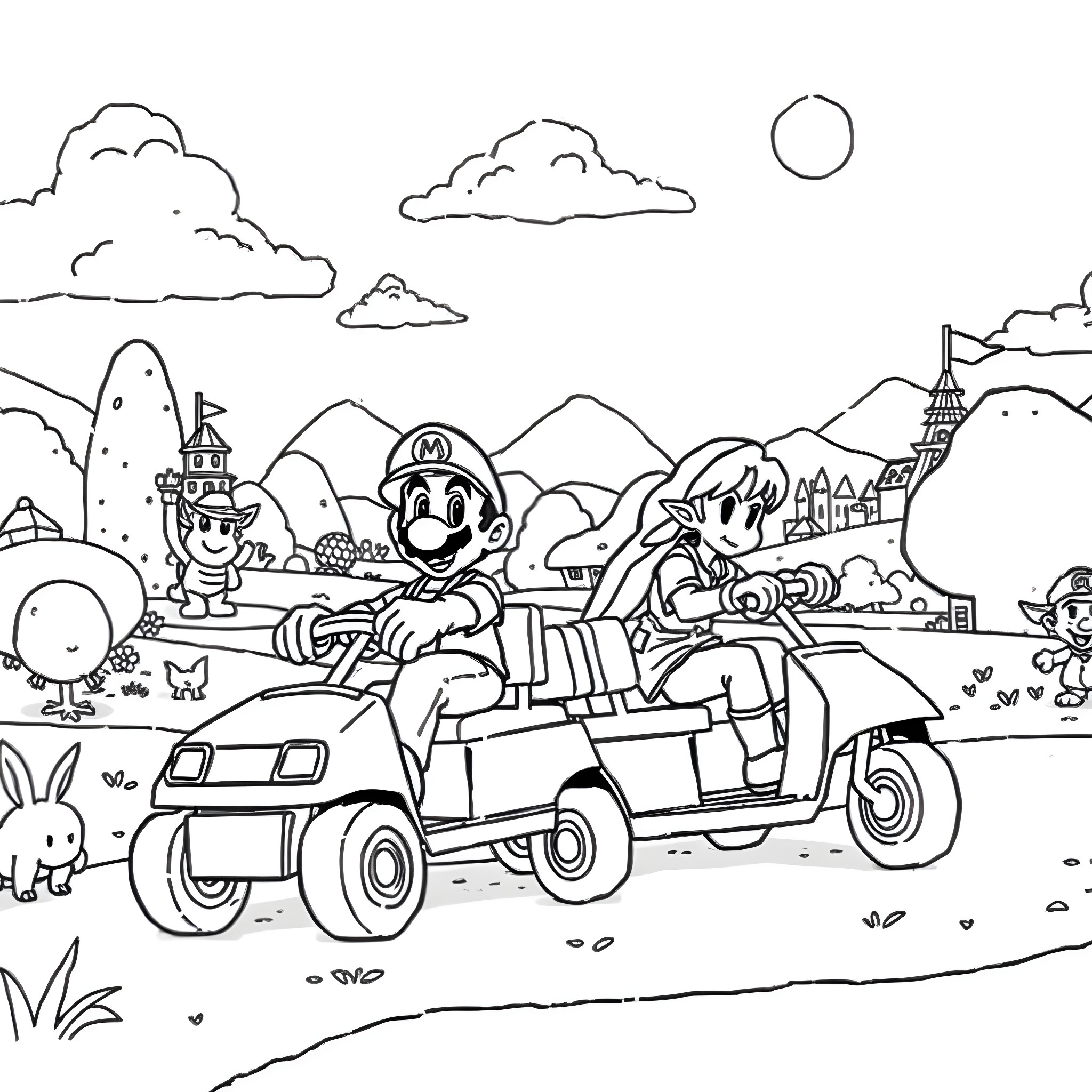 Mario Brothers riding a scooter through a fantasy landscape Coloring Page (free black-and-white line drawing printable PDF for all, from beginners to advanced learners, including children, teens, adults, and seniors)