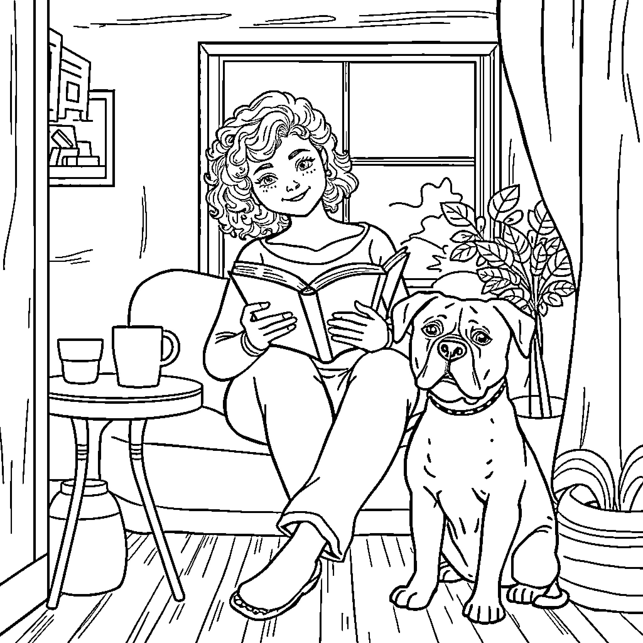 Woman Reading a Book with Her Dog Coloring Page (free black-and-white line drawing printable PDF for all, from beginners to advanced learners, including children, teens, adults, and seniors)