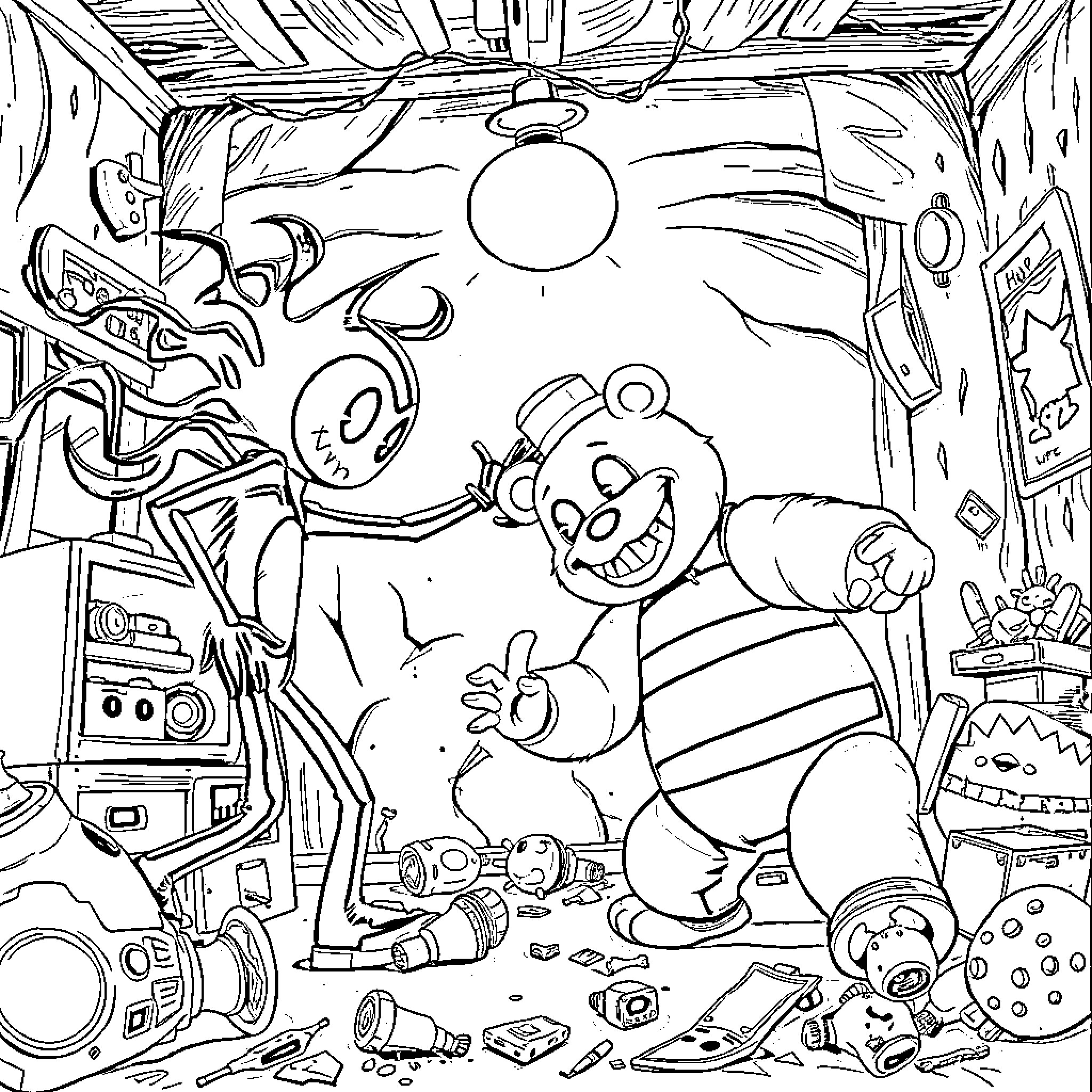 Bendy characters in chaotic messy room Coloring Page (free black-and-white line drawing printable PDF for all, from beginners to advanced learners, including children, teens, adults, and seniors)