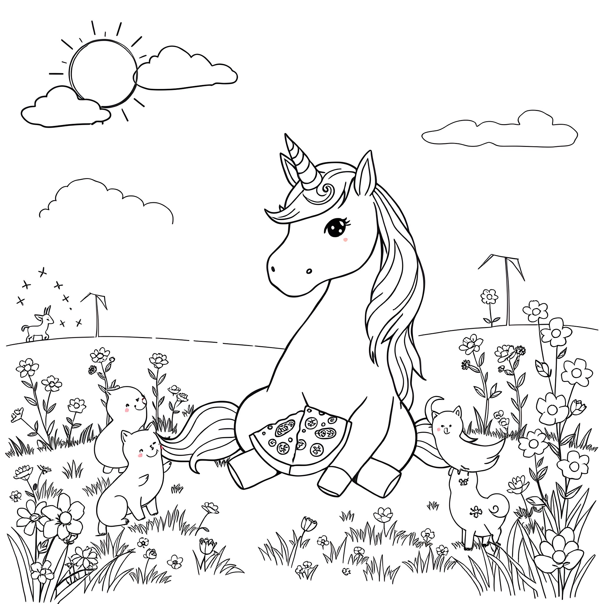 Unicorn enjoying a floral meadow Coloring Page (free black-and-white line drawing printable PDF for all, from beginners to advanced learners, including children, teens, adults, and seniors)