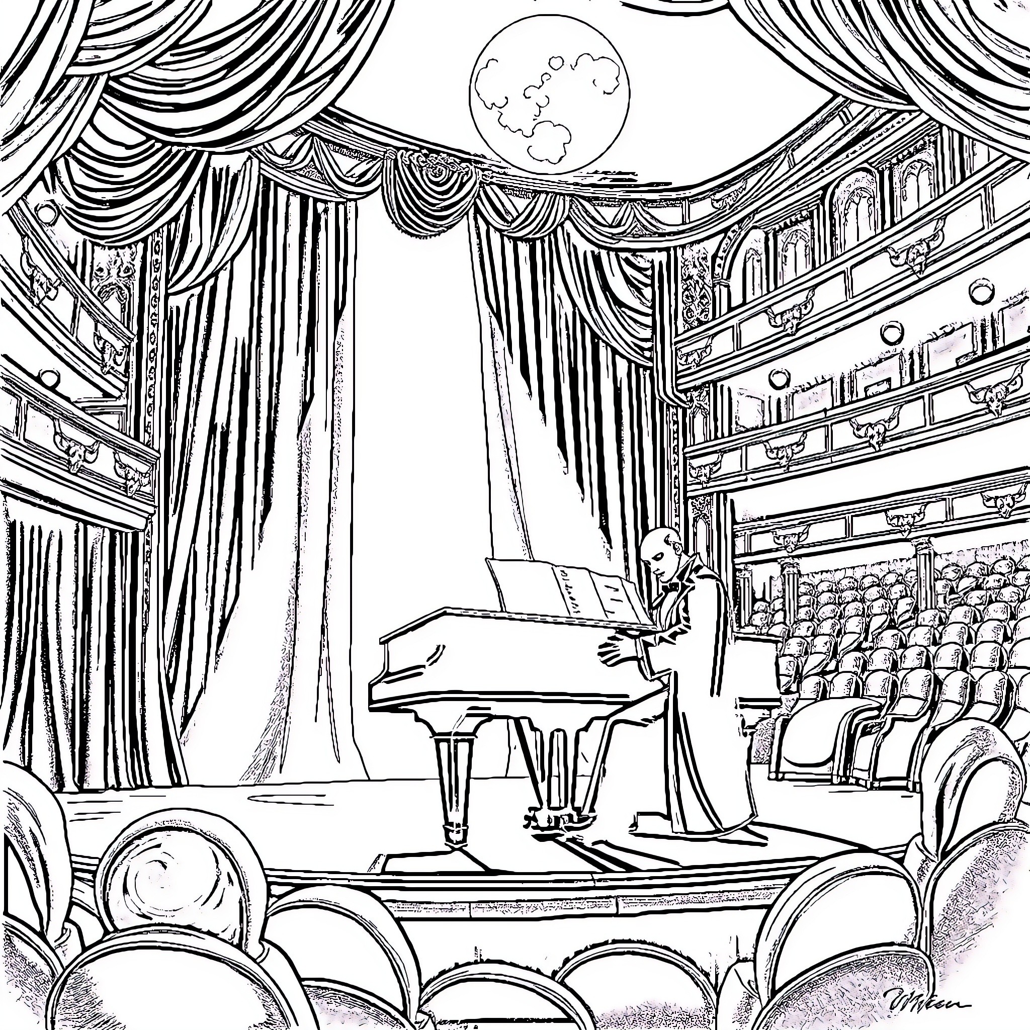 Phantom Pianist Enchants the Elegant Theater Coloring Page (free black-and-white line drawing printable PDF for all, from beginners to advanced learners, including children, teens, adults, and seniors)