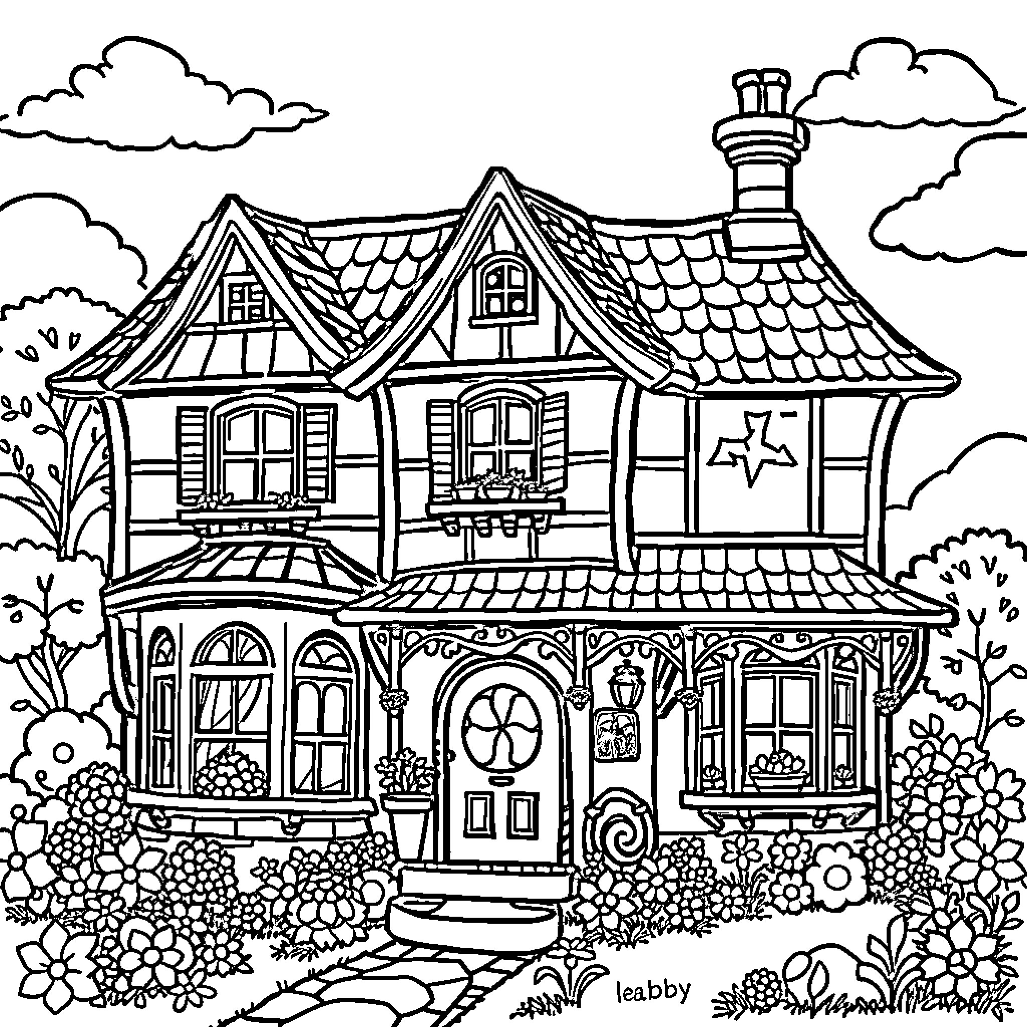 Dollhouse with Intricate Architectural Details Coloring Page (free black-and-white line drawing printable PDF for all, from beginners to advanced learners, including children, teens, adults, and seniors)