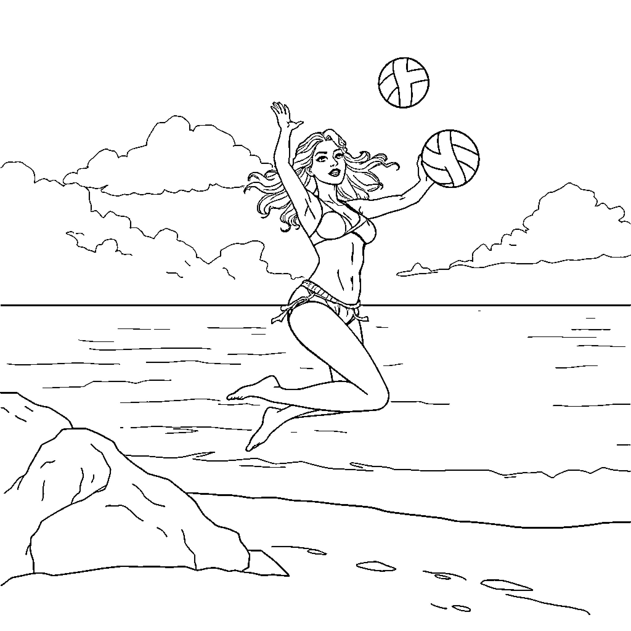 Woman playing volleyball on the beach Coloring Page (free black-and-white line drawing printable PDF for all, from beginners to advanced learners, including children, teens, adults, and seniors)