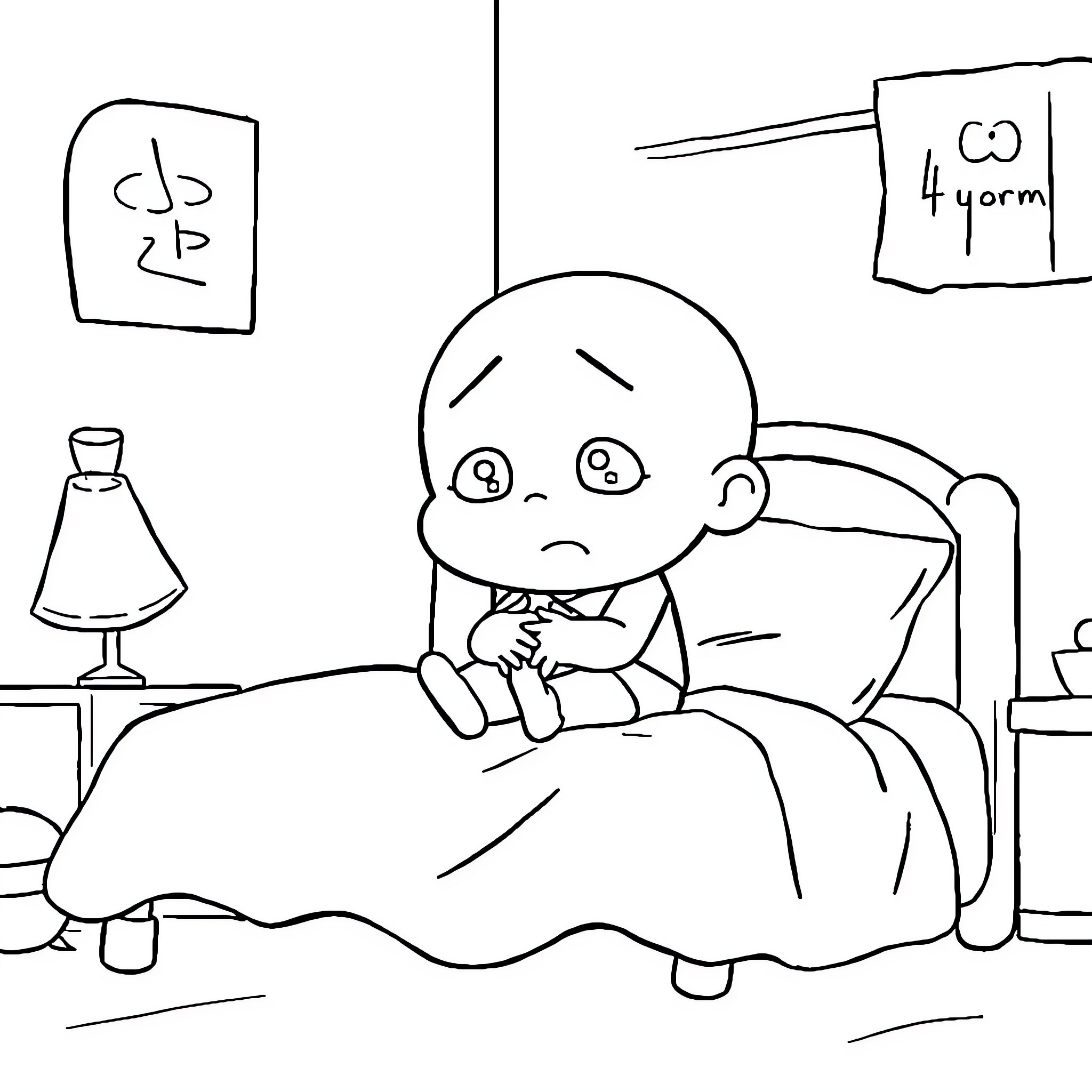 Shinchan feeling sick in bed Coloring Page (free black-and-white line drawing printable PDF for all, from beginners to advanced learners, including children, teens, adults, and seniors)