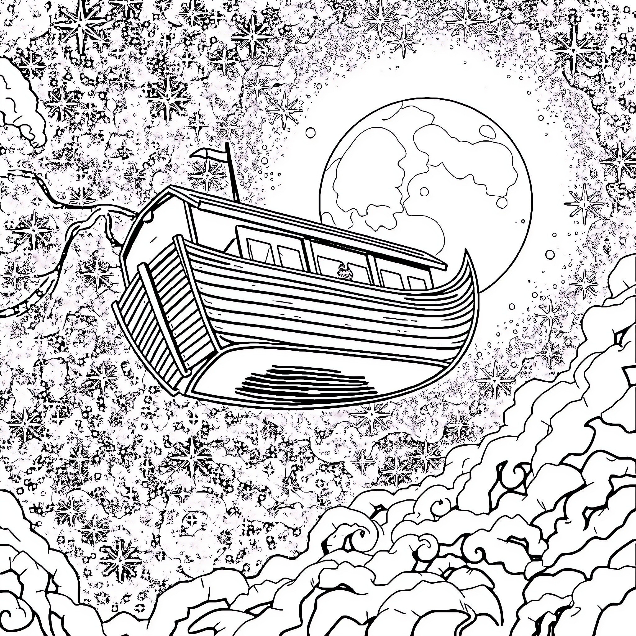 Noah's Ark Sailing Through Stormy Skies Coloring Page (free black-and-white line drawing printable PDF for all, from beginners to advanced learners, including children, teens, adults, and seniors)