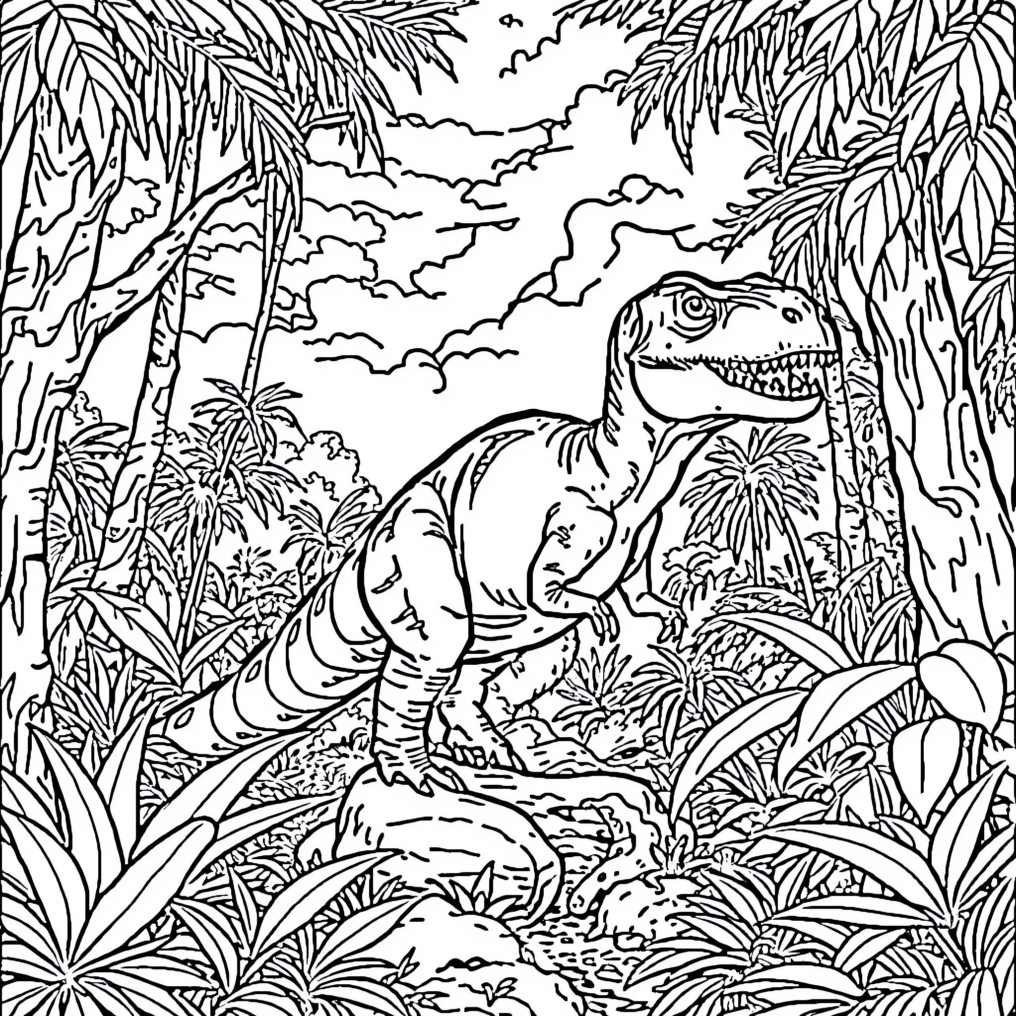 Dinosaur roaming through lush jungle landscape Coloring Page (free black-and-white line drawing printable PDF for all, from beginners to advanced learners, including children, teens, adults, and seniors)