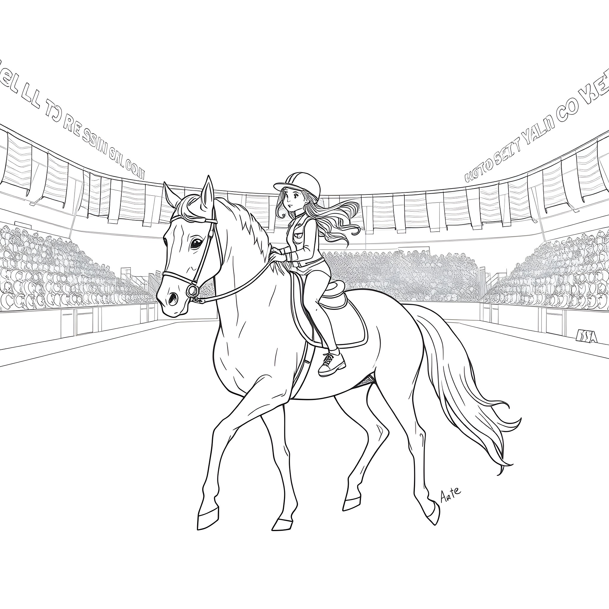 Girl riding horse in equestrian competition Coloring Page (free black-and-white line drawing printable PDF for all, from beginners to advanced learners, including children, teens, adults, and seniors)
