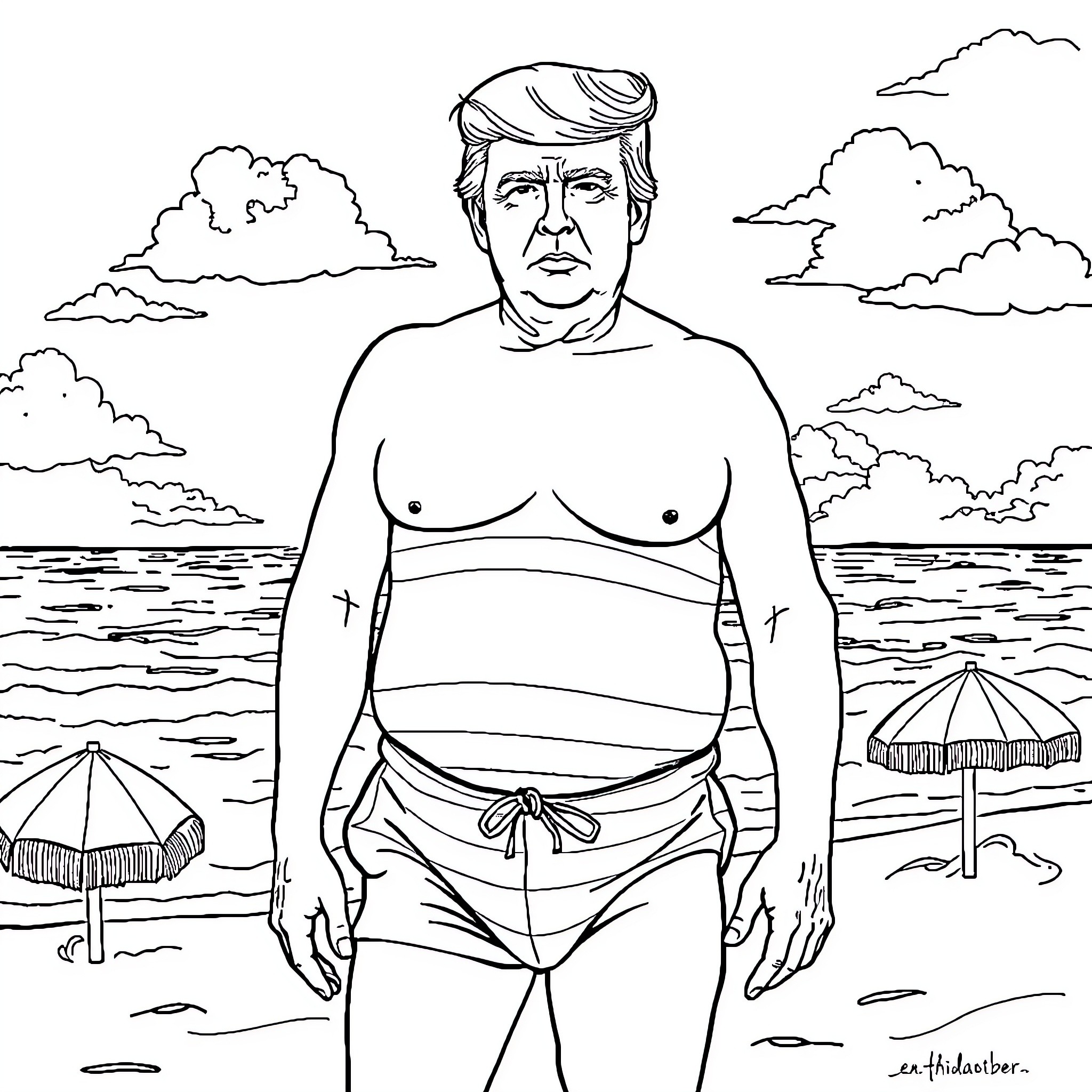 Trump enjoying a day at the beach Coloring Page (free black-and-white line drawing printable PDF for all, from beginners to advanced learners, including children, teens, adults, and seniors)