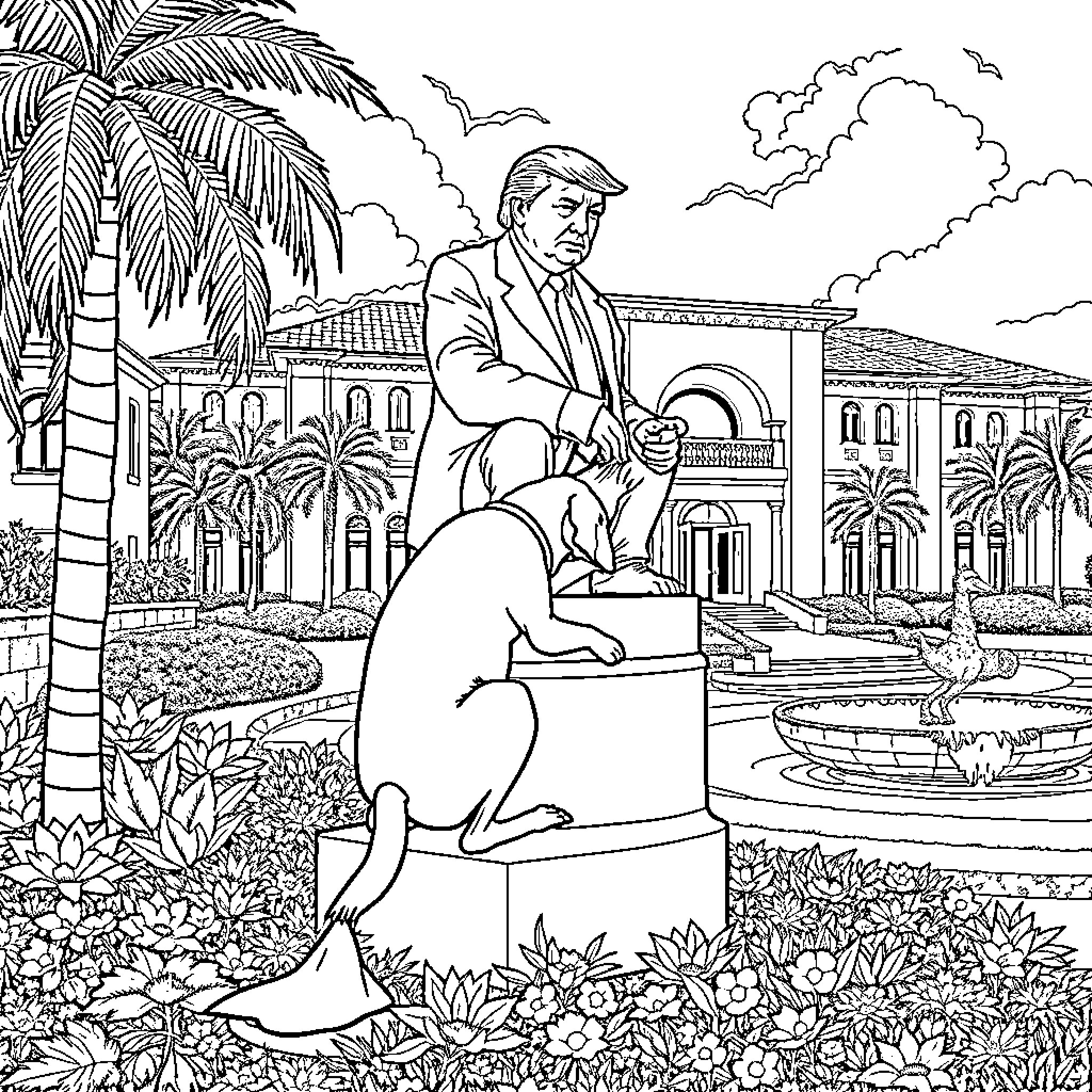 Dog Statue at Tropical Garden Villa Coloring Page (free black-and-white line drawing printable PDF for all, from beginners to advanced learners, including children, teens, adults, and seniors)