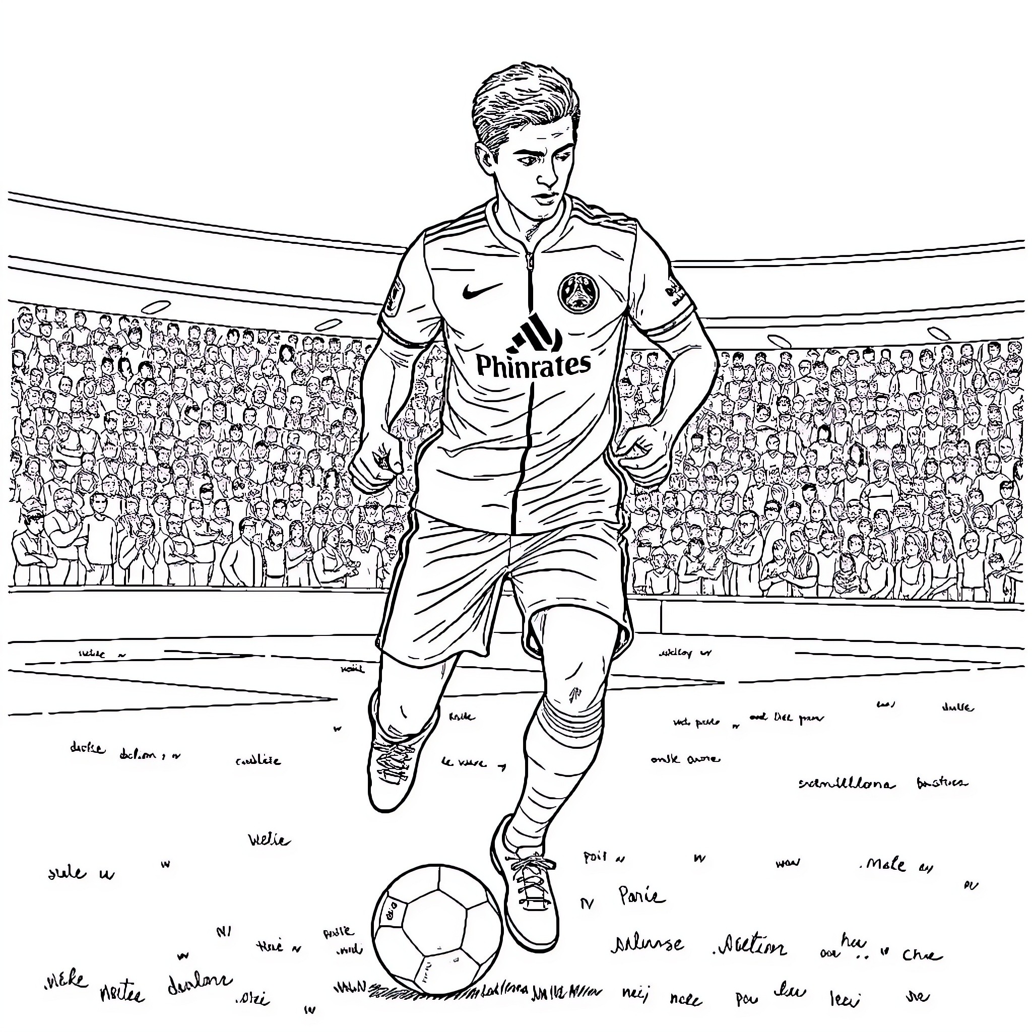 Football Player Dribbling the Ball on the Field Coloring Page (free black-and-white line drawing printable PDF for all, from beginners to advanced learners, including children, teens, adults, and seniors)