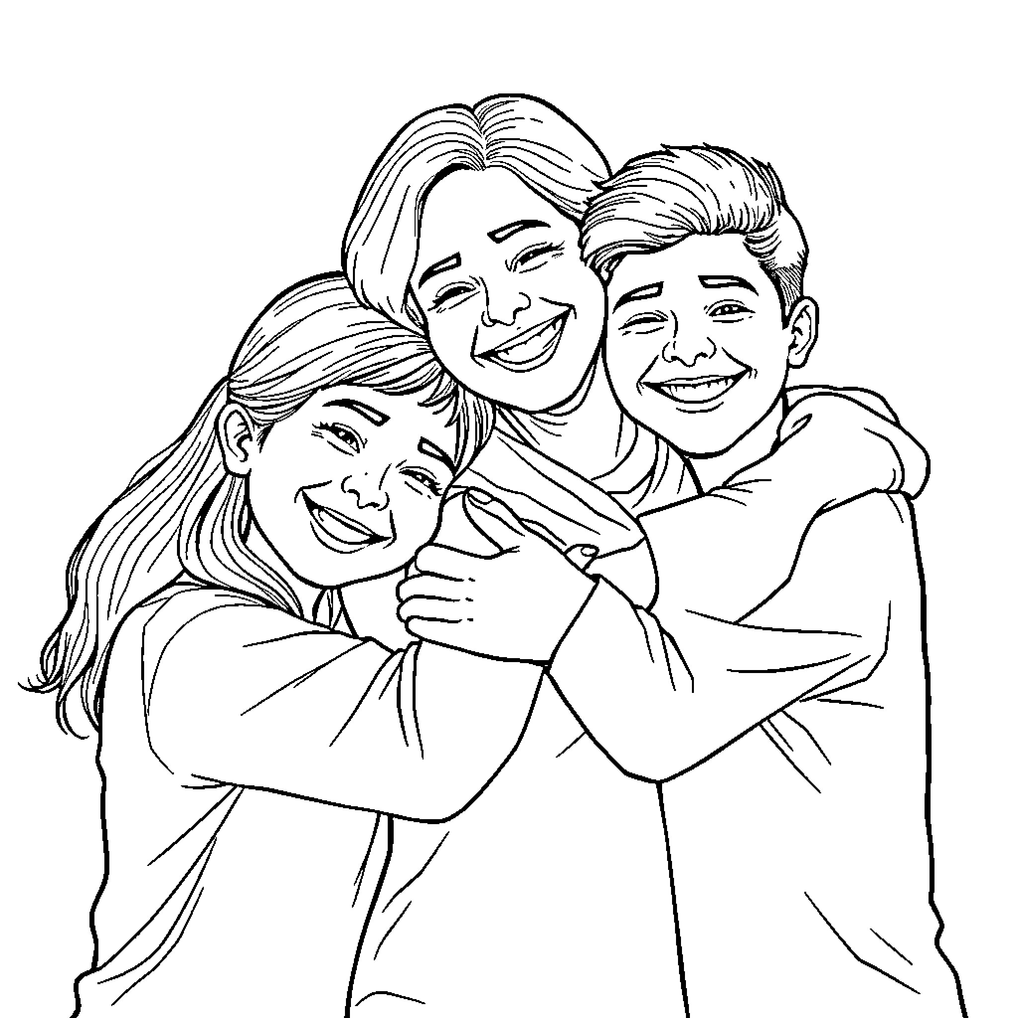 Family Embracing with Happiness Coloring Page (free black-and-white line drawing printable PDF for all, from beginners to advanced learners, including children, teens, adults, and seniors)