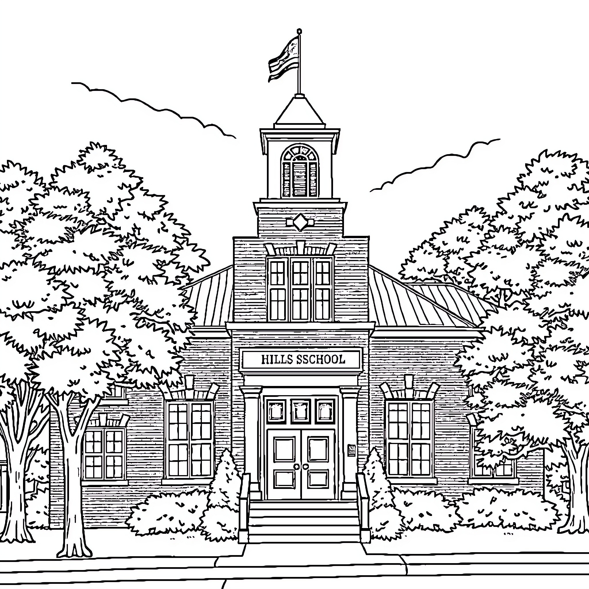 School building in an outdoor landscape Coloring Page (free black-and-white line drawing printable PDF for all, from beginners to advanced learners, including children, teens, adults, and seniors)