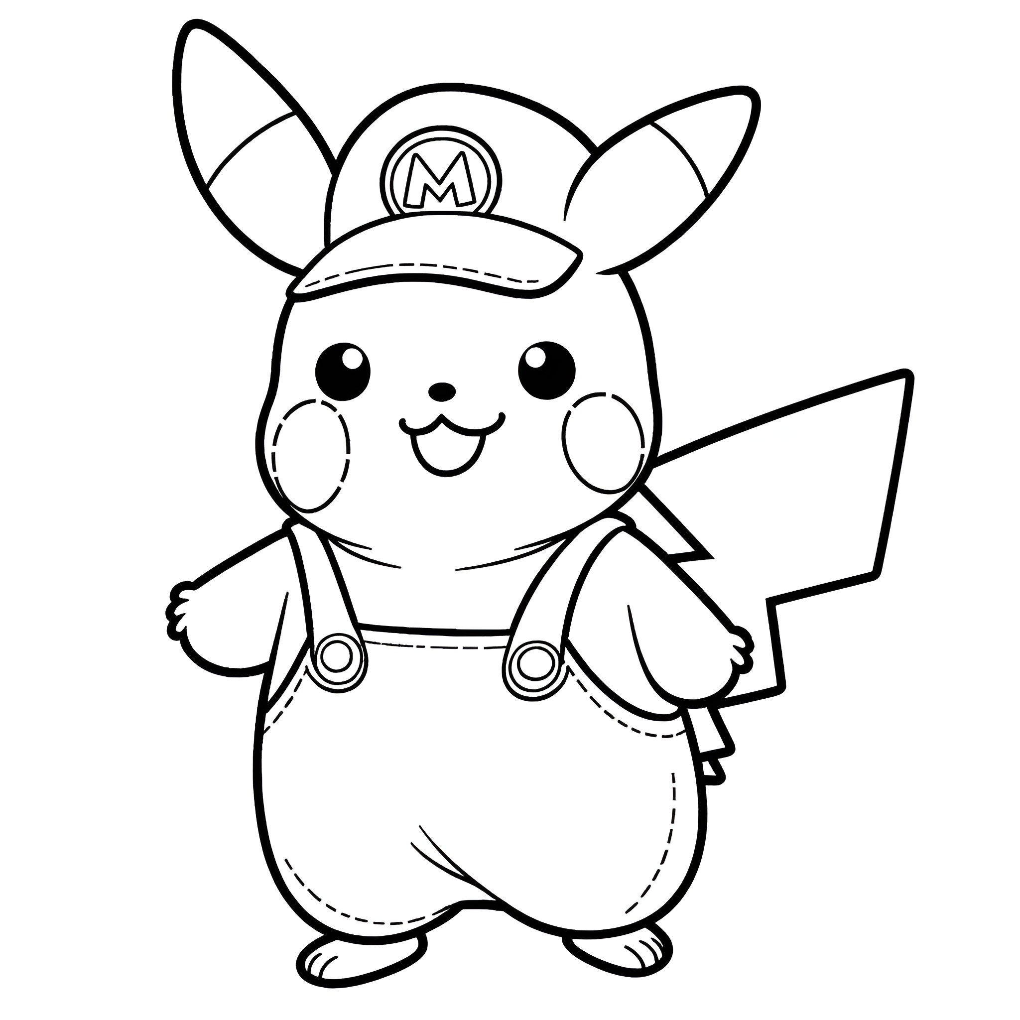 Pikachu wearing a Mario hat and overalls Coloring Page (free black-and-white line drawing printable PDF for all, from beginners to advanced learners, including children, teens, adults, and seniors)
