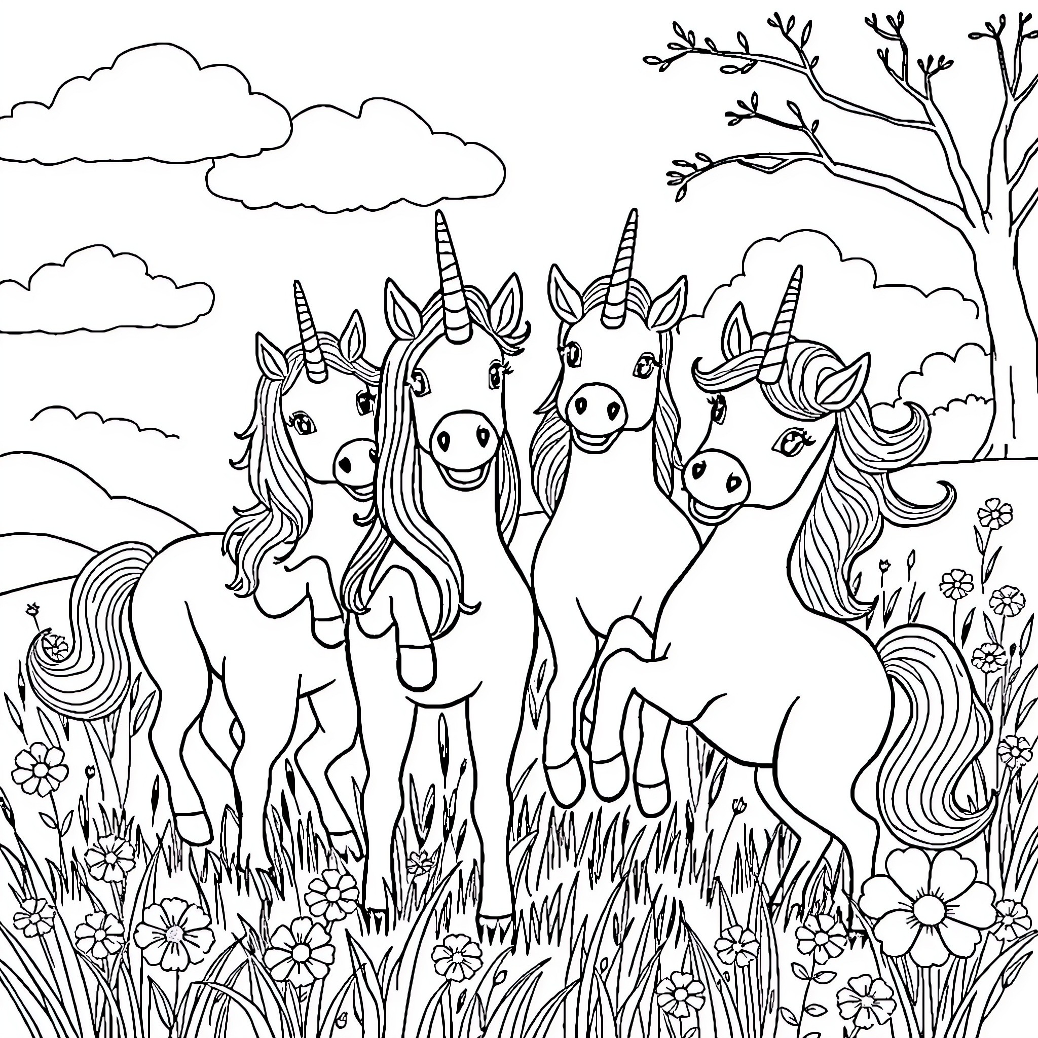 Unicorn Friends Enjoying the Outdoors Coloring Page (free black-and-white line drawing printable PDF for all, from beginners to advanced learners, including children, teens, adults, and seniors)
