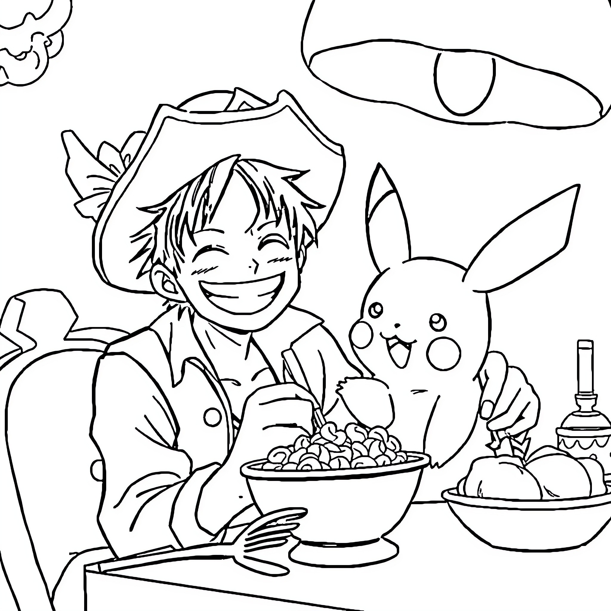 Luffy and Pikachu Enjoying a Meal Together Coloring Page (free black-and-white line drawing printable PDF for all, from beginners to advanced learners, including children, teens, adults, and seniors)