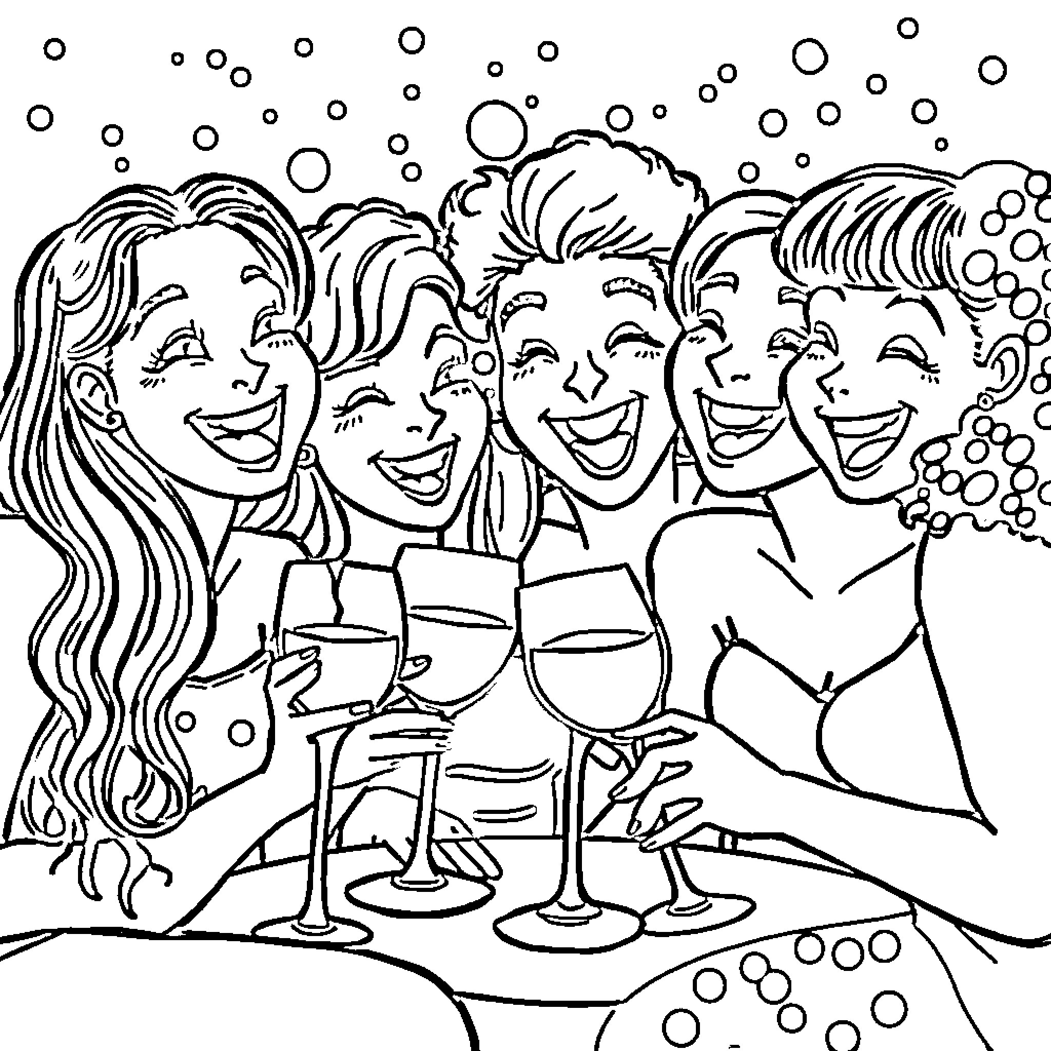 Bubble group of laughing women cheering with wine glasses Coloring Page (free black-and-white line drawing printable PDF for all, from beginners to advanced learners, including children, teens, adults, and seniors)