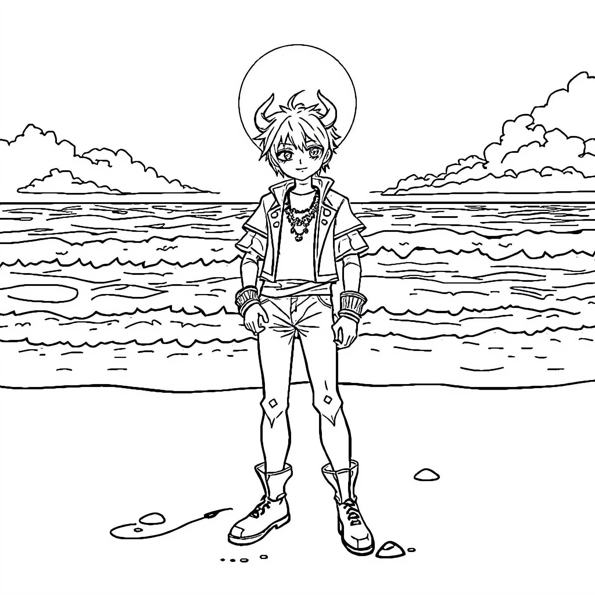 Rumi exploring the serene coastal landscape Coloring Page (free black-and-white line drawing printable PDF for all, from beginners to advanced learners, including children, teens, adults, and seniors)